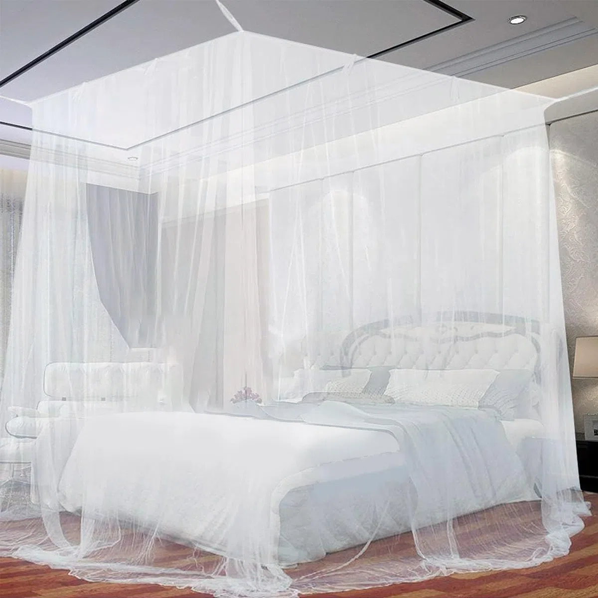 Zanzariera, 200 x 220 x 210 cm, bianca, zanzariera per letto singolo, matrimoniale, king size con rete fine a baldacchino, per interni ed esterni, viaggi, campeggio (bianco)