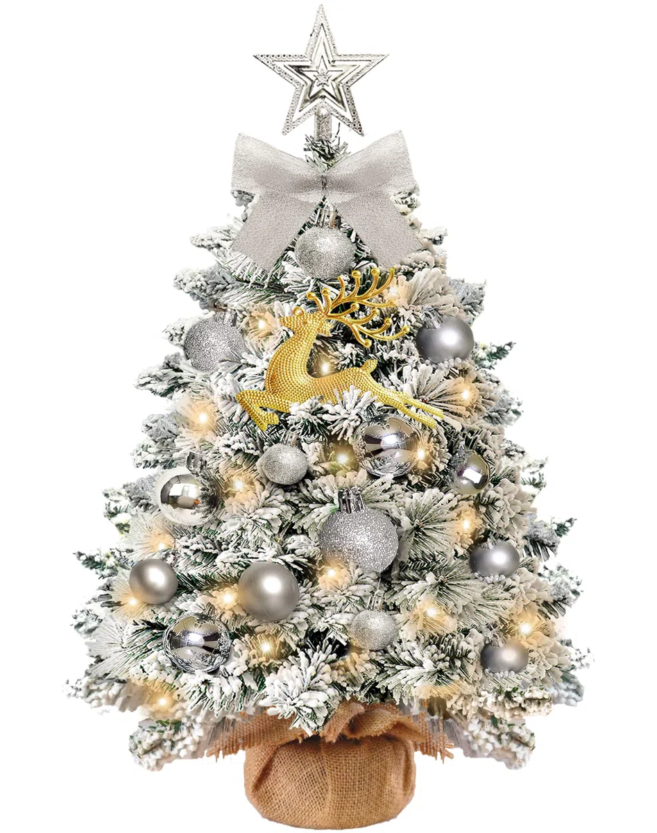 Mini Albero di Natale Artificiale Piccolo,60 cm Albero di Natale Piccolo con Luci con 23 Decorazioni Natalizie Fai da Te,Albero di Natale con Adatto per Natale e Capodanno﻿ (floccaggio)