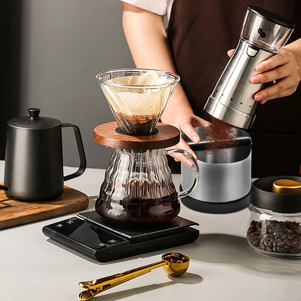 Contenitore per Fondi di Caffè - Contenitore per colino in Acciaio inox, Knock Box Coffee con Rimovibile Asta Percussione, Scatola Fondi di Caffè, Recipiente Fondi Caffè Adatto per Bar Cucine Uffici