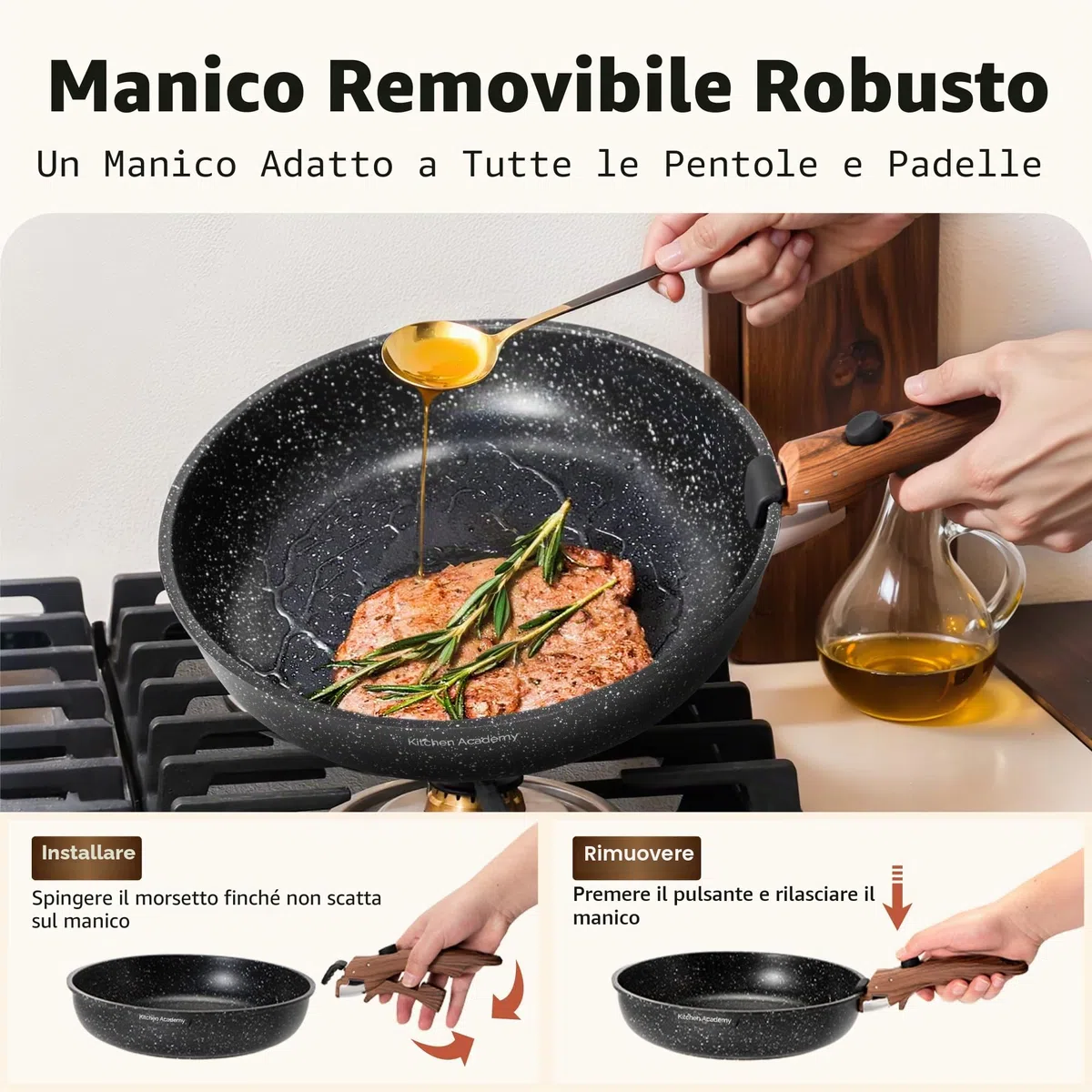 Kitchen Academy Set di pentole da 10 pezzi, Set di pentole e padelle con coperchi in vetro, Rivestimento in marmo, Rivestimento antiaderente, Adatto all'induzione, Manico liscio venato (Nero)