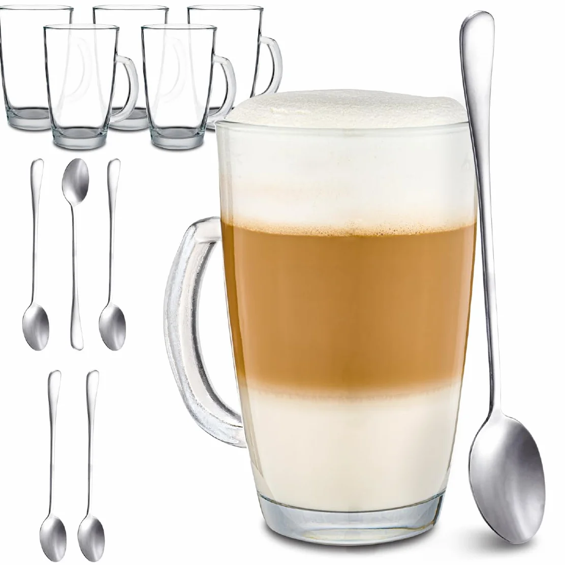 Cosumy 6 Tazze da Latte Macchiato con Cucchiaini Lunghi - 300ml - Mantengono il Calore - Lavabili in Lavastoviglie - Bicchieri da tè e da caffè