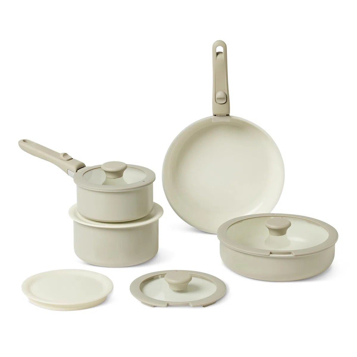 Amazon Basics Pentole Impilabili Antiaderenti in Ceramica con Manici Rimovibili, Set di 11 Pezzi, Adatte a Tutti i Piani Cottura, Grigio Lino