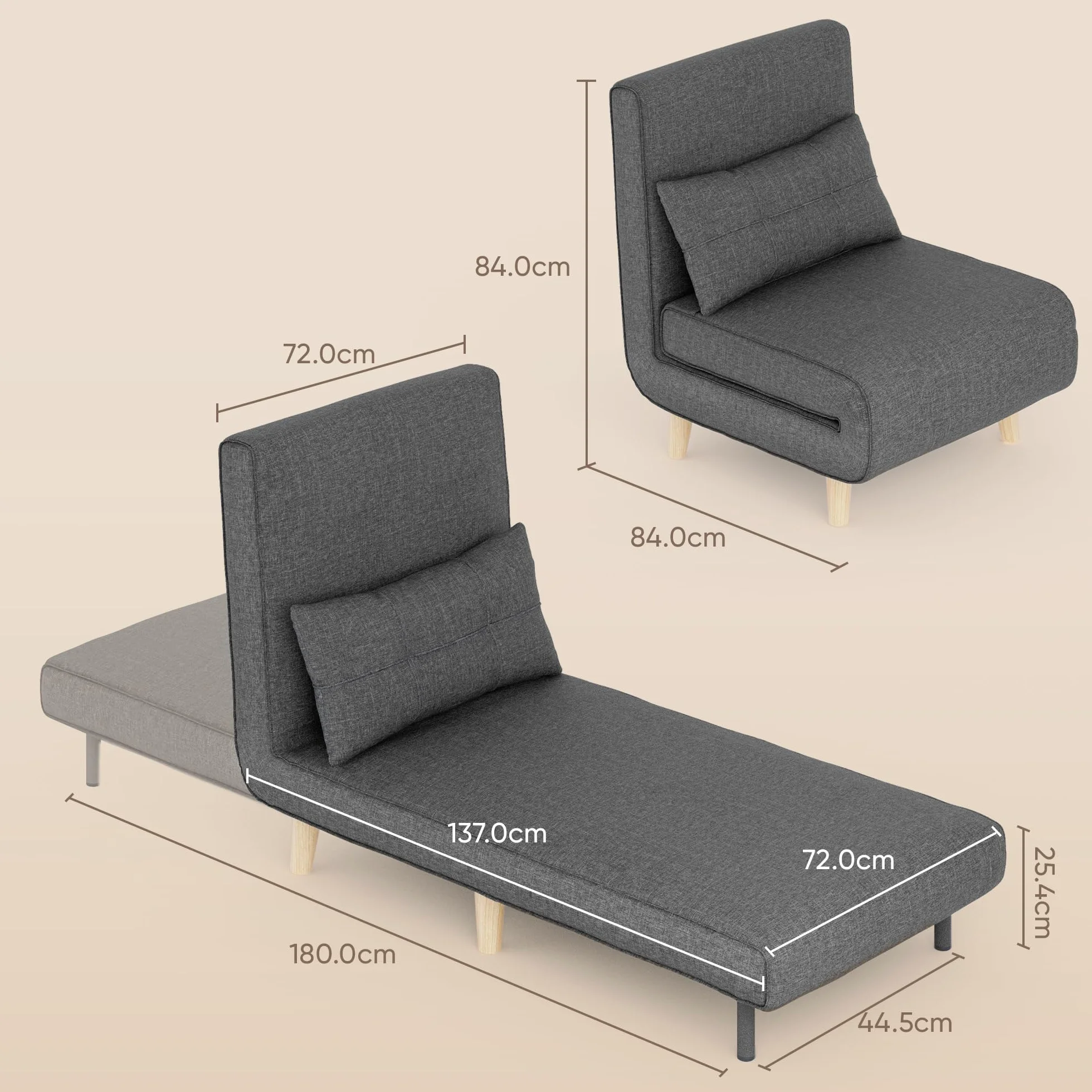 Bealife Poltrona Letto Singolo 3 in 1, Schienale Reclinabile 5 Livelli, Cuscino e Materasso Imbottiti, Divano Letto Pieghevole per Soggiorno、Camera, Lino con Gambe Legno, 75x70x75cm, Grigio