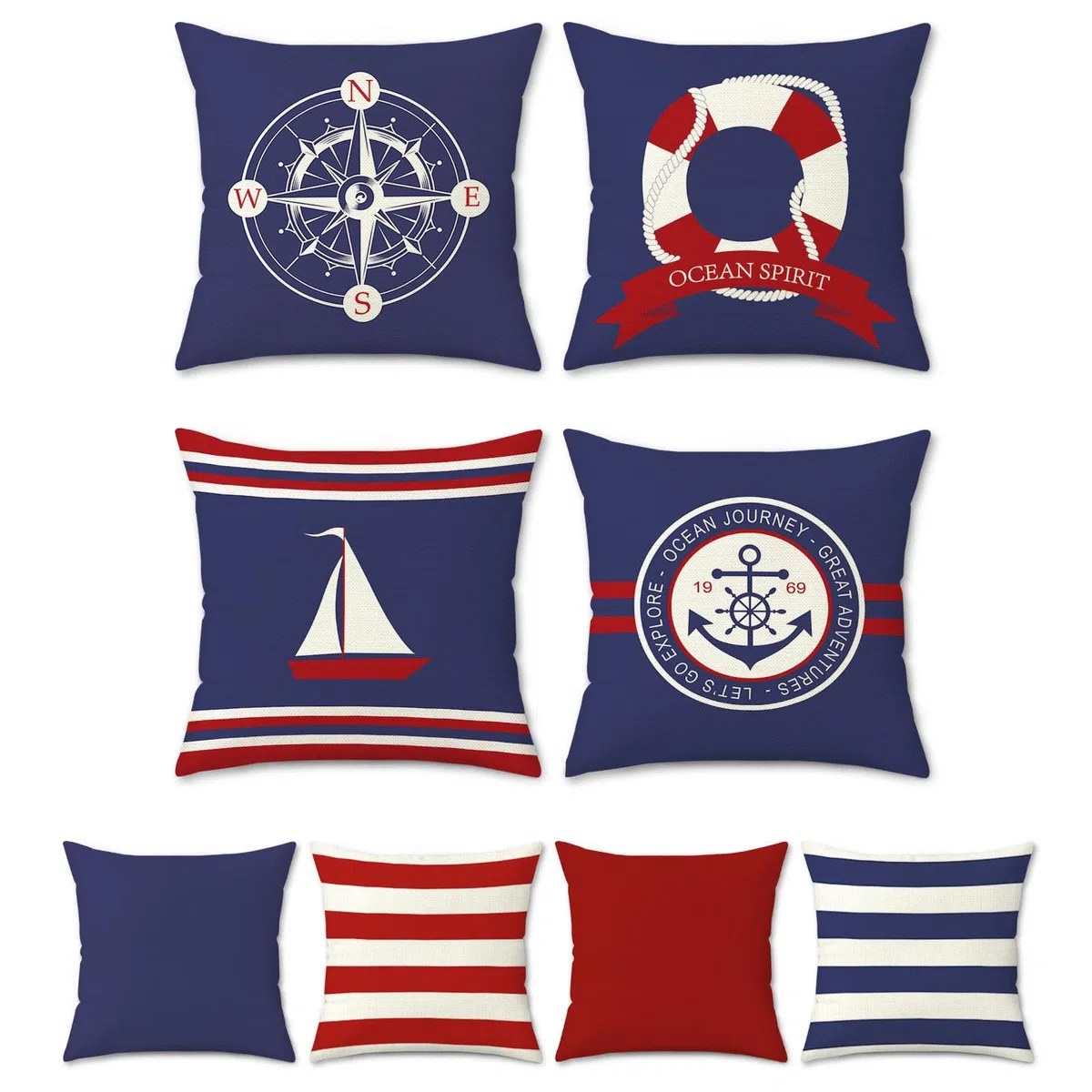 Bonhause Federe per Cuscini Nautica Bussola Ancora Barca a Vela 45 x 45 cm Copricuscini Decorativi Blu Navy e Rosso in Poliestere Biancheria per Divano Letto Auto 4 Pack
