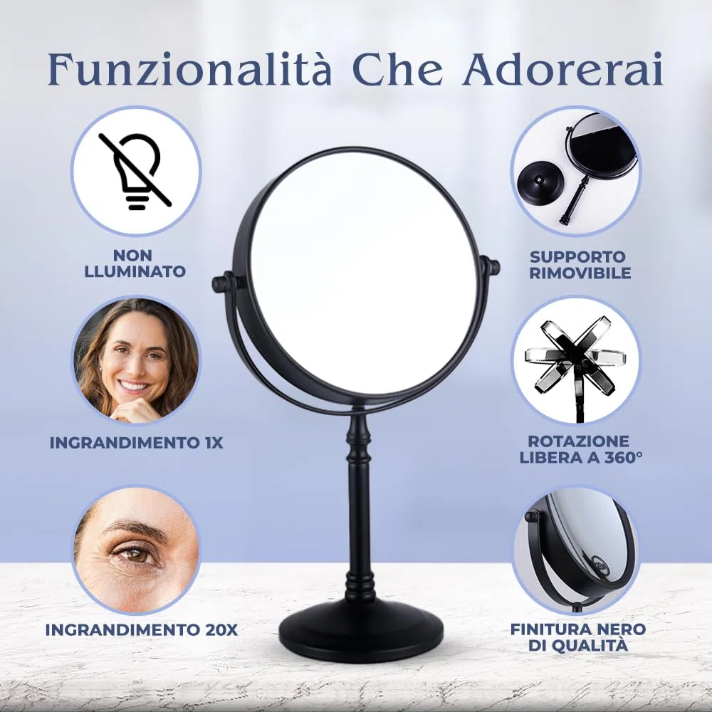Mirrorvana Specchio da tavolo per trucco con ingrandimento 20X e 1X, ideale per make up e toeletta da bagno, specchietto ingranditore 30 x 15 cm (nero)