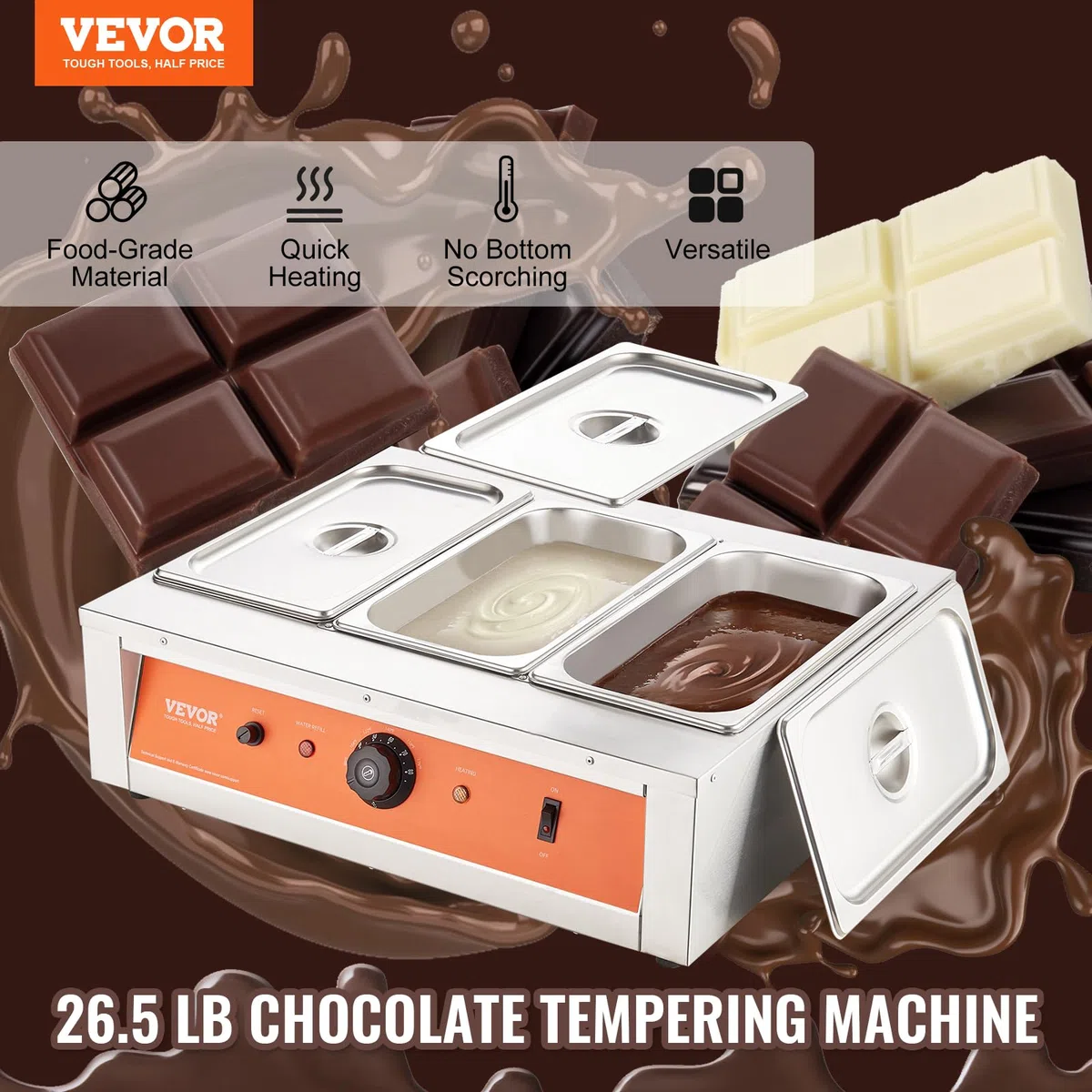 VEVOR Macchina per Fusione di Cioccolato in Acciaio Inox 3 Vasche da 3,3 L, Pentola Elettrica di Fusione del Cioccolato 1500 W Uso Commerciale per Hotel Albergo, Bagnomaria per Cioccolato 30℃ - 85℃