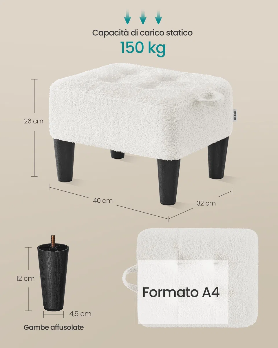 SONGMICS Sgabello Poggiapiedi, Pouf Contenitore in Tessuto Peluche, Imbottitura Spessa, Portata fino a 150 kg, per Soggiorno, Camera da Letto, Ingresso, Bianco Crema e Nero Inchiostro LOM503WD01
