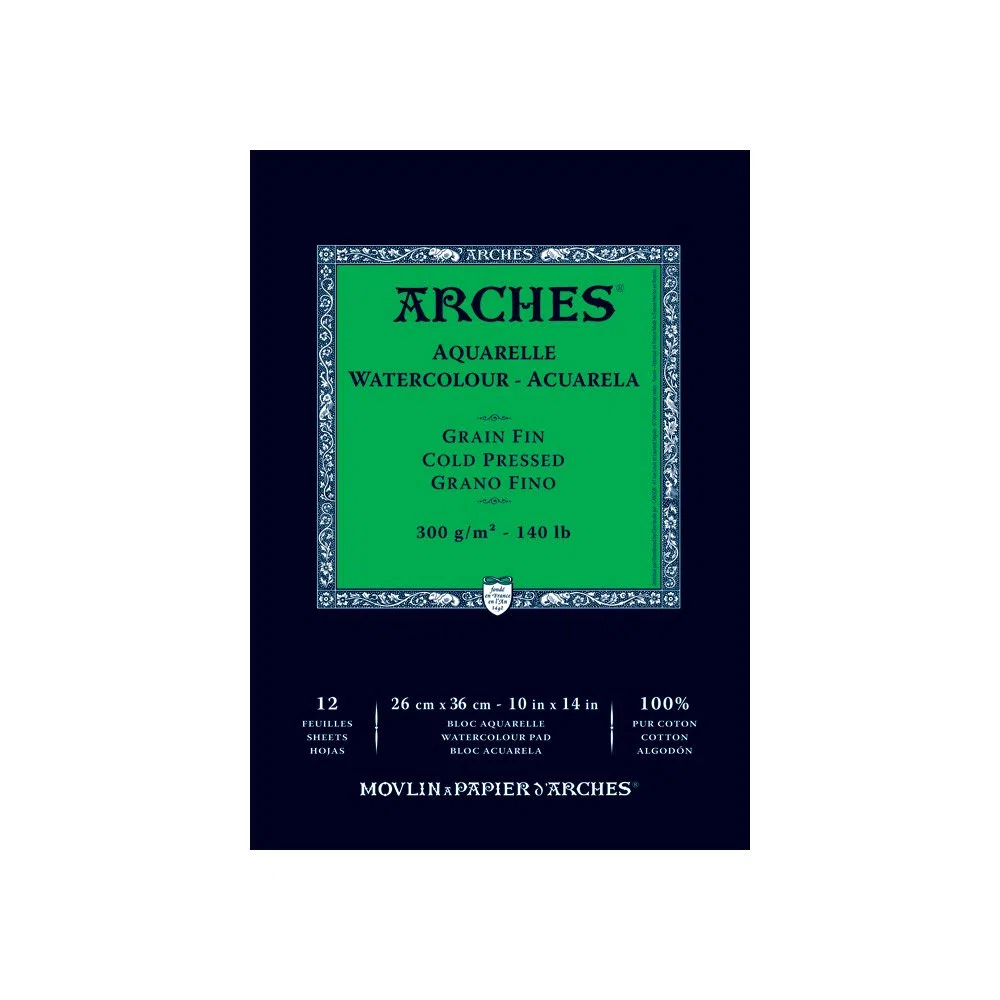 Arches Blocco Per Acquerello Incollato 1 Lato (12 Fogli) - Grana Fina - 300 G/Mq - 26 X 36 cm