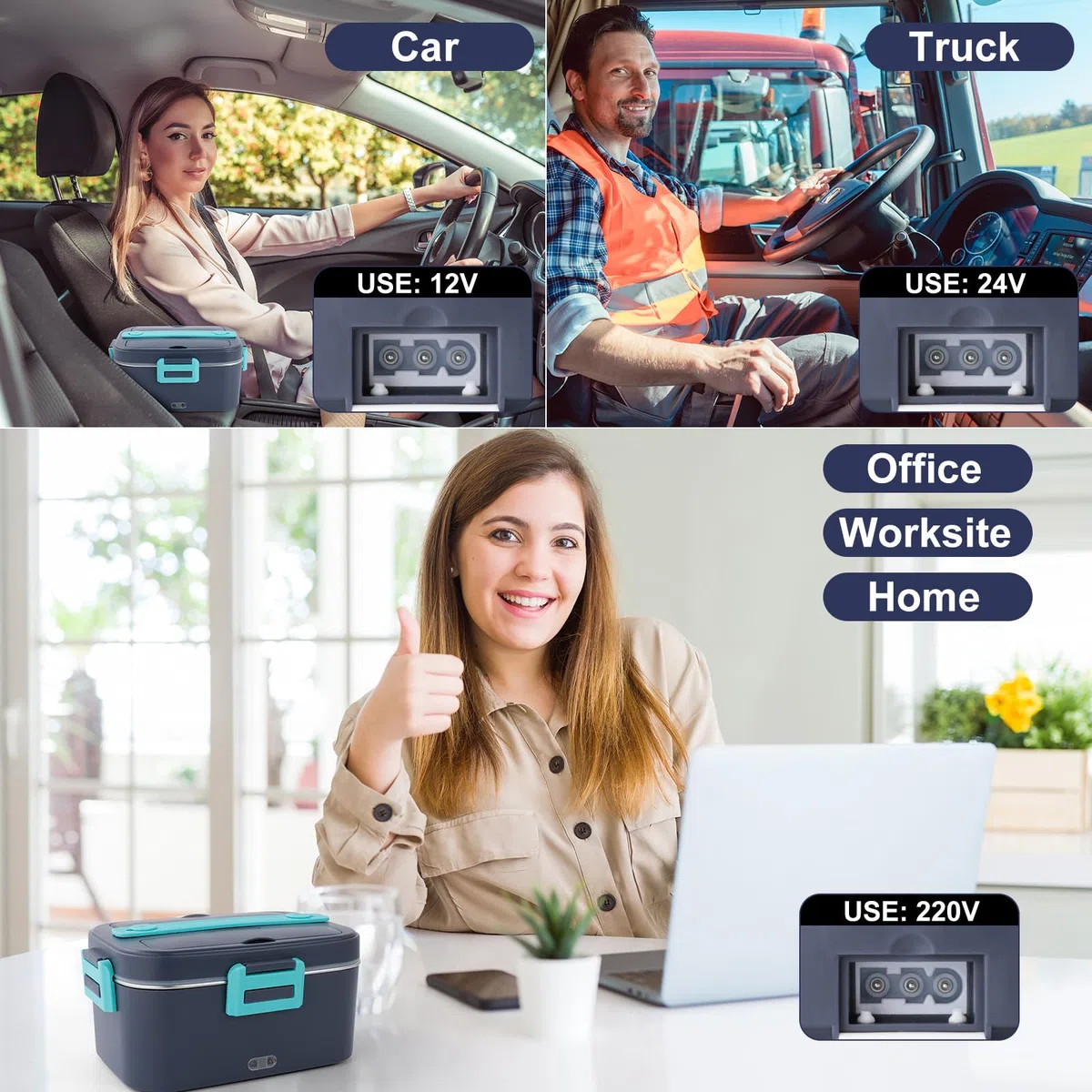 Romon Scaldavivande Elettrico Portatile, 1.8L Porta Pranzo Termico 3 in 1(12V/24V/220V) per Auto Camion e Ufficio Lunch Box Riscaldatore 75W Scalda Vivande Portatile con Forchetta e Cucchiaio
