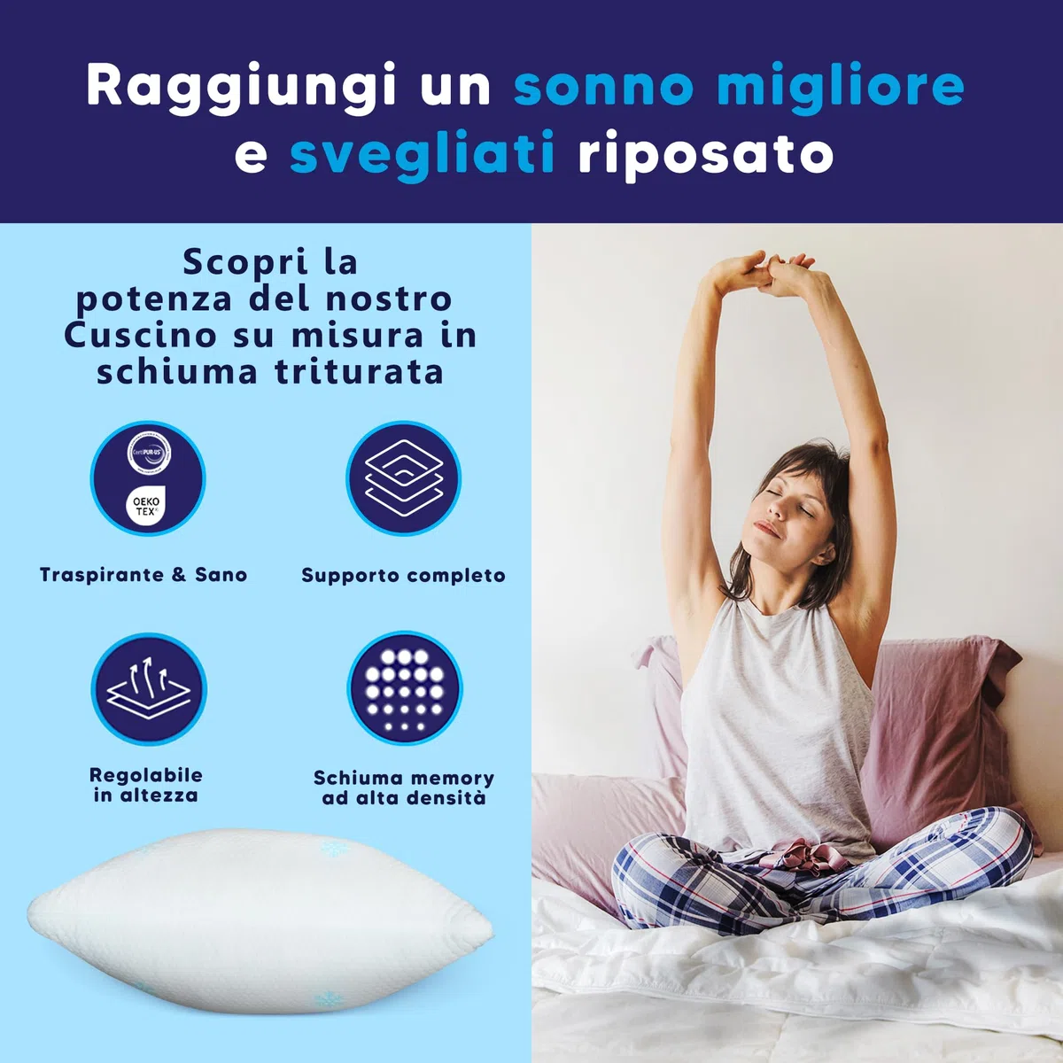 Cuscino Cervicale Memory Foam - Regolabile Cuscino Ortopedico con Schiuma Frantumata per Dormire, Supporto Ergonomico Guanciale Letto Anti Dolore e Antirussamento, Federa Lavabile 60x40 cm