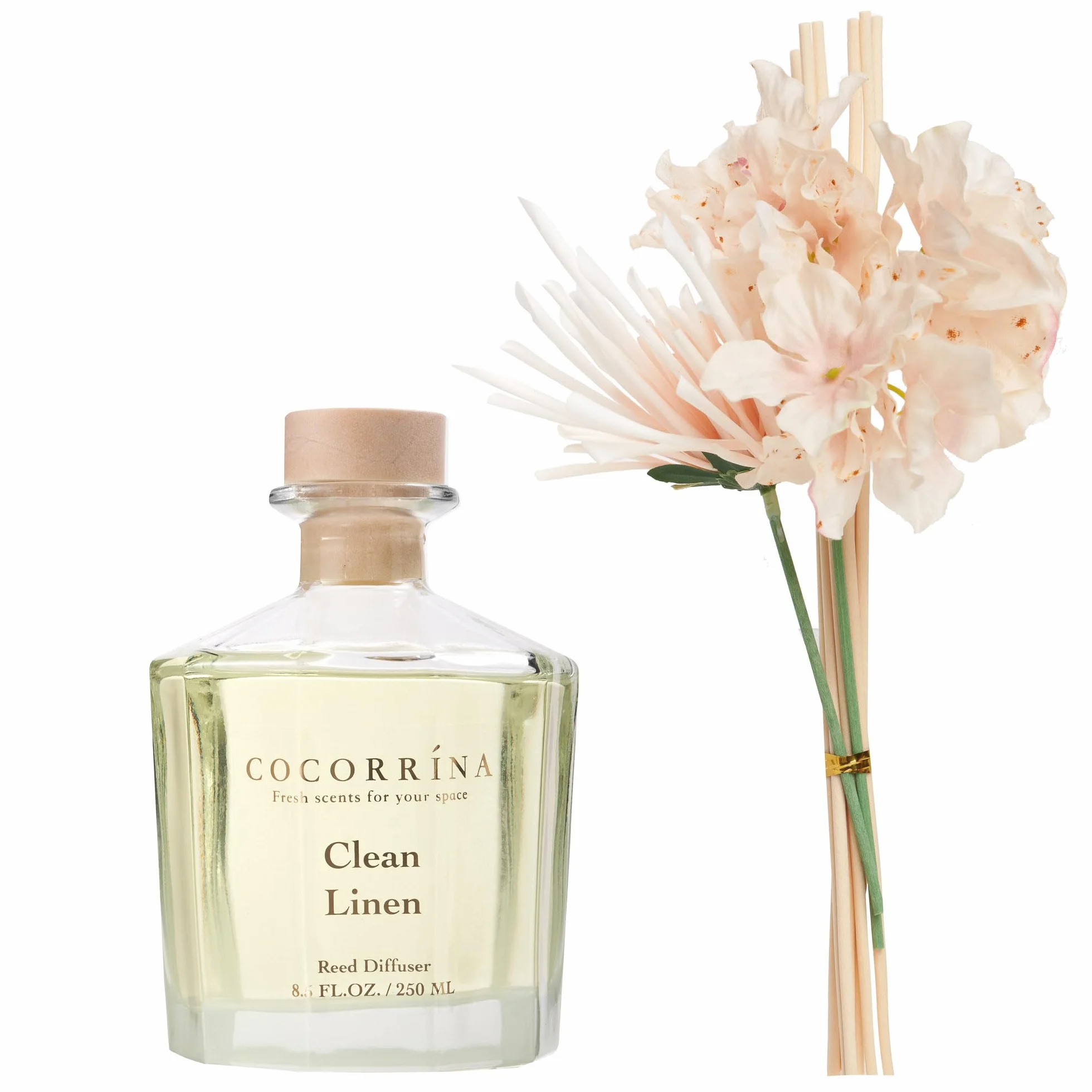COCORRÍNA Fiore Diffusore Profumo Ambiente con 8 Bastoncini di fragranza 250ml- Clean Linen, naturale, di Lunga Durata, per la Camera da Letto, L'Ufficio, Il Bagno (Collezione Master)