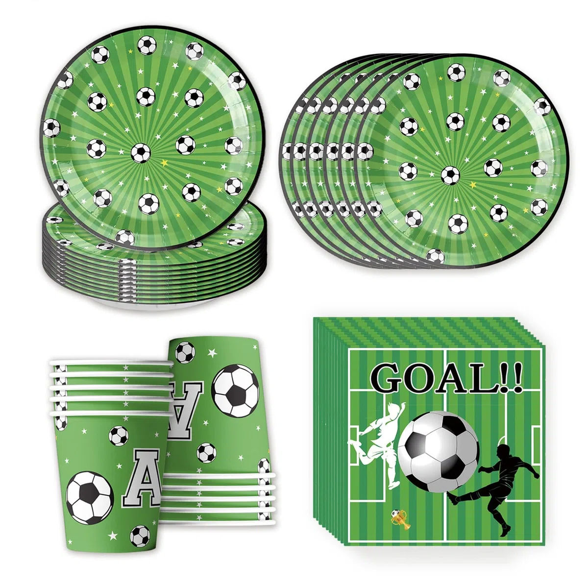 Eymobad Set da 50 pezzi di stoviglie per festa di calcio, piatti verdi calcio, piatti,bicchieri,tovaglioli di carta, stoviglie deco compleanno per ragazze e ragazzi