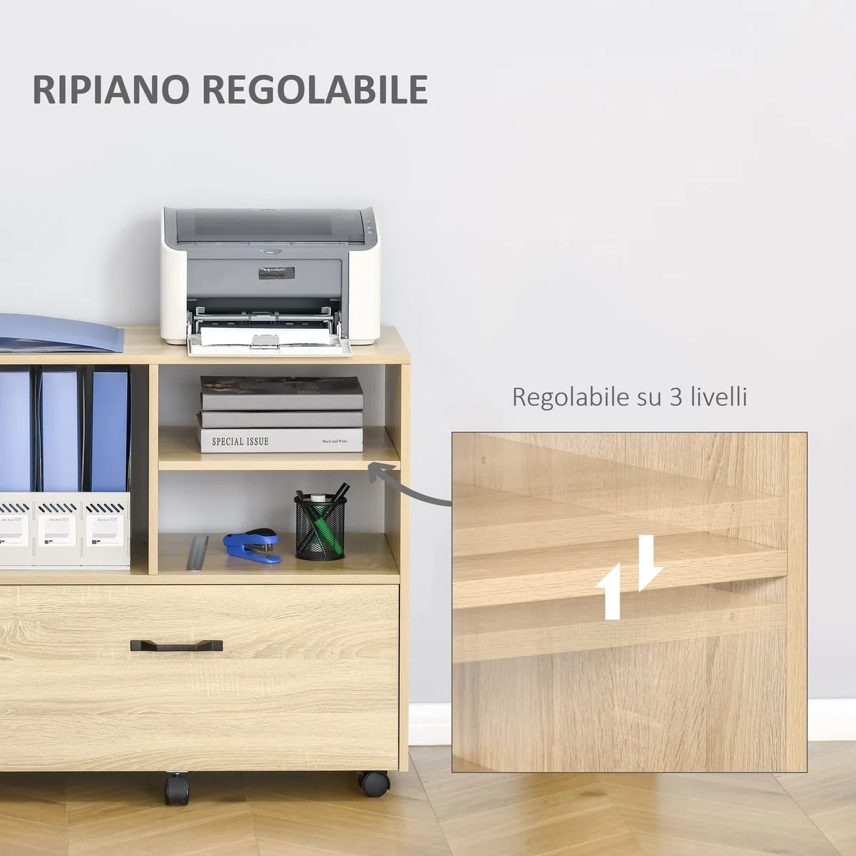 Vinsetto Mobile Multiuso per Ufficio in Legno, Cassettiera con Ruote Porta Stampante con 5 Ruote, Cassetto e Ripiano Regolabile, 77x40x73cm, Legno