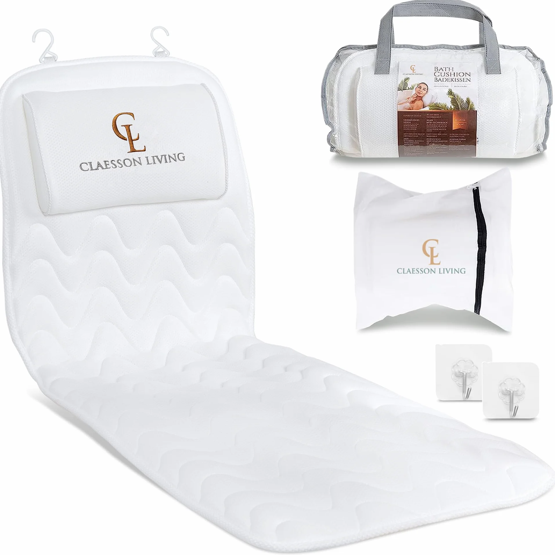 Cuscino Vasca da Bagno per Tutto il Corpo (125x43cm) - Cuscino Bago con ventose e Poggiatesta; Supporta Collo, Schiena e Gambe – Incl. Borse per Lavaggio e da Viaggio e Ganci per Asciugatura - Blanco