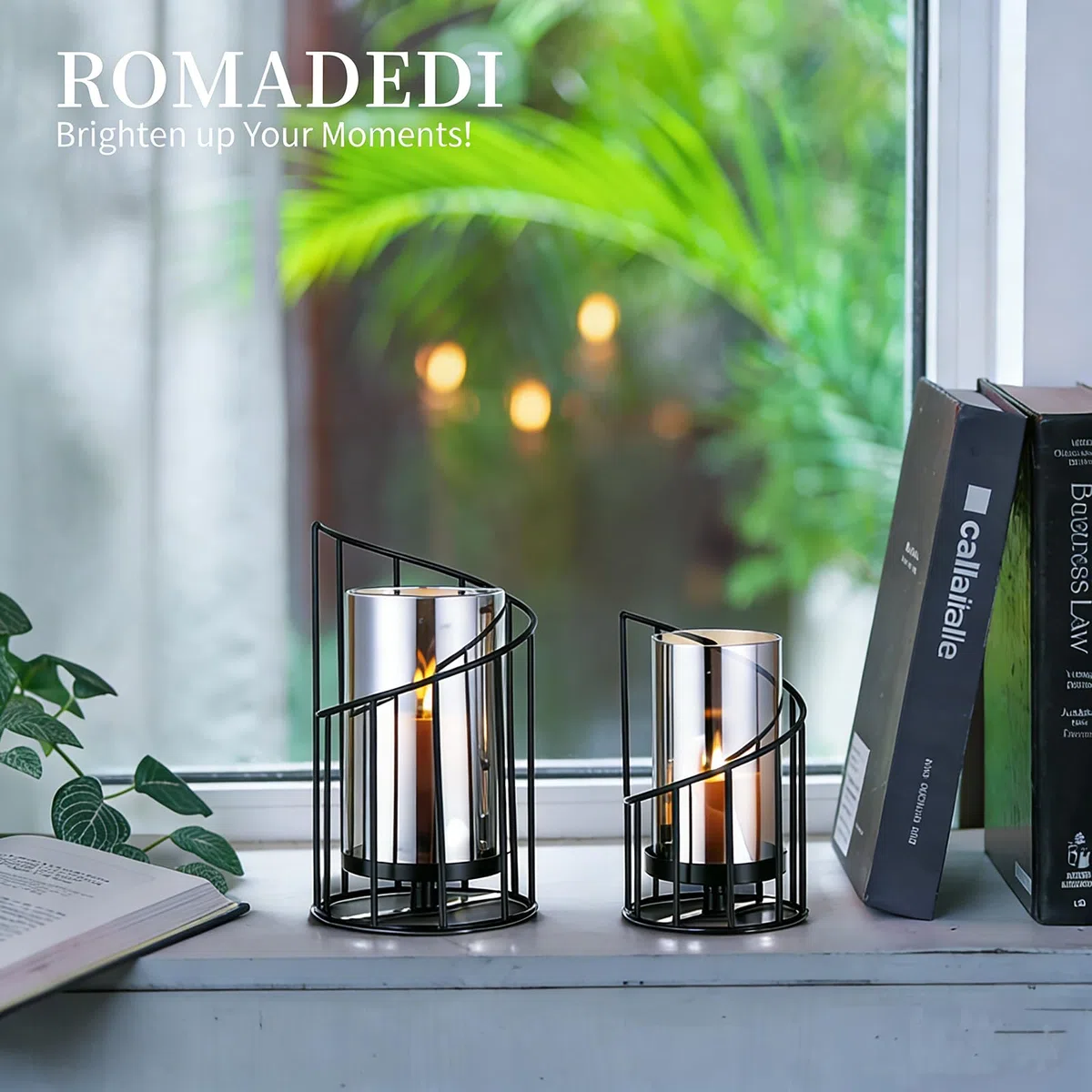 Romadedi Portacandele in vetro portacandela: cilindro in vetro nero con base in metallo per candele, candele a pilastro, portacandele antivento, per esterni, per la tavola, il soggiorno, la