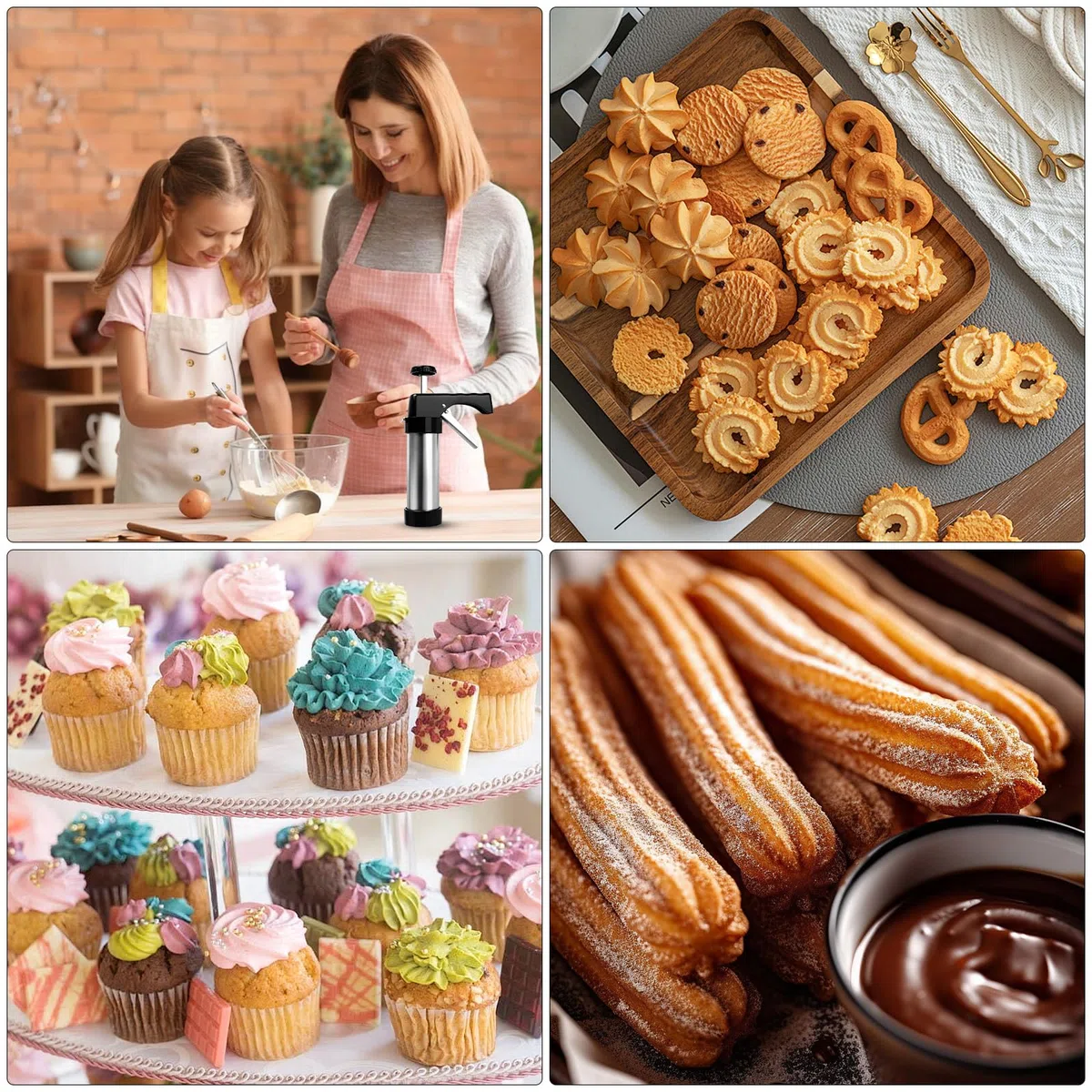 Siringa per Dolci in Acciaio Inox, Pistola per Biscotti con 13 Forme & 8 Beccucci, Macchina per Churros e Decorazioni, Set Pasticceria con Sac à Poche Riutilizzabile per Dolci e Biscotti Fatti in Casa