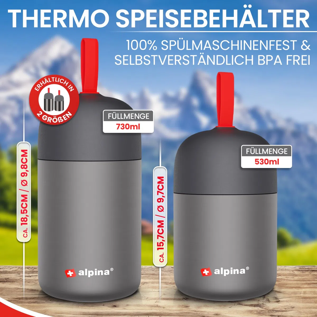 alpina contenitori ermetici per alimenti – tazza termica 730 ml lavabile in lavastoviglie con compensazione pressione - Cibi caldi e freddi a lungo I Borraccia termica in acciaio inox senza BPA