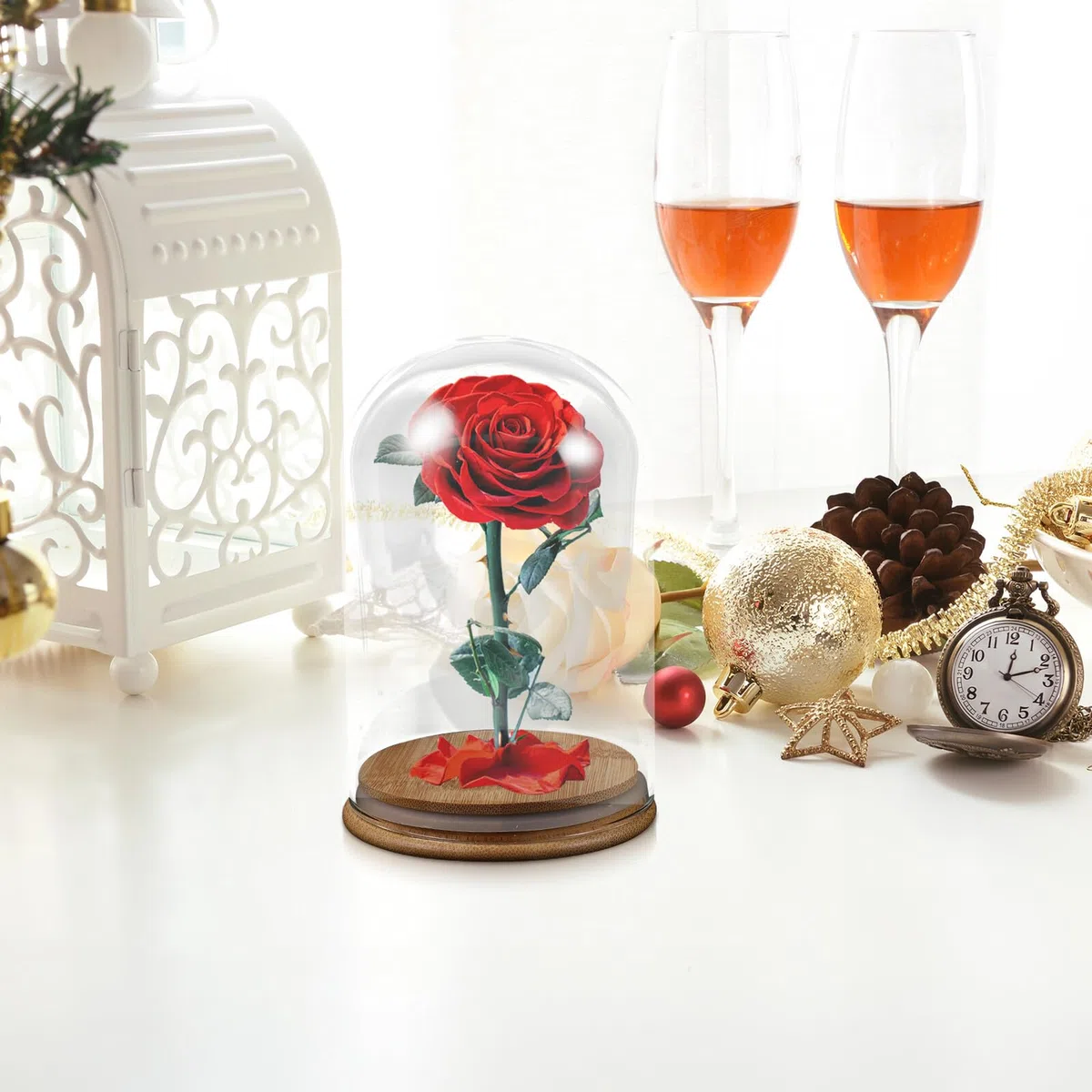 Cupola Espositiva in Vetro con Base in Bambù per Sfere Decorative e Collezioni Creative Miniature, Design a Cupola Trasparente per Centrotavola Raffinato e Decorativo