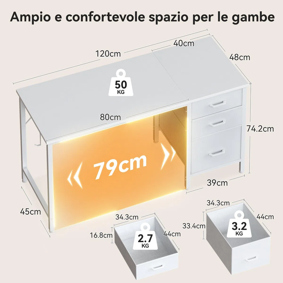 Coleshome Scrivania con 3 Cassetti in Tessuto, 120x48cm Scrivania Salvaspazio con Portacuffie, Bianco Scrivania Computer Reversibile per Piccolo Ufficio in Casa