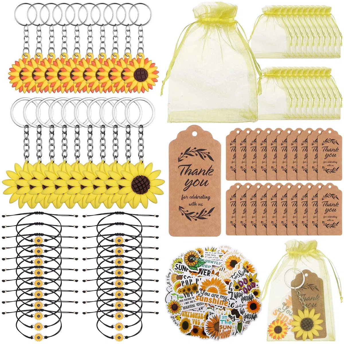 130 regali per feste a forma di girasole con portachiavi con girasole regolabili, adesivi per girasole, etichette di ringraziamento, sacchetti in organza per compleanni, matrimoni, feste estive