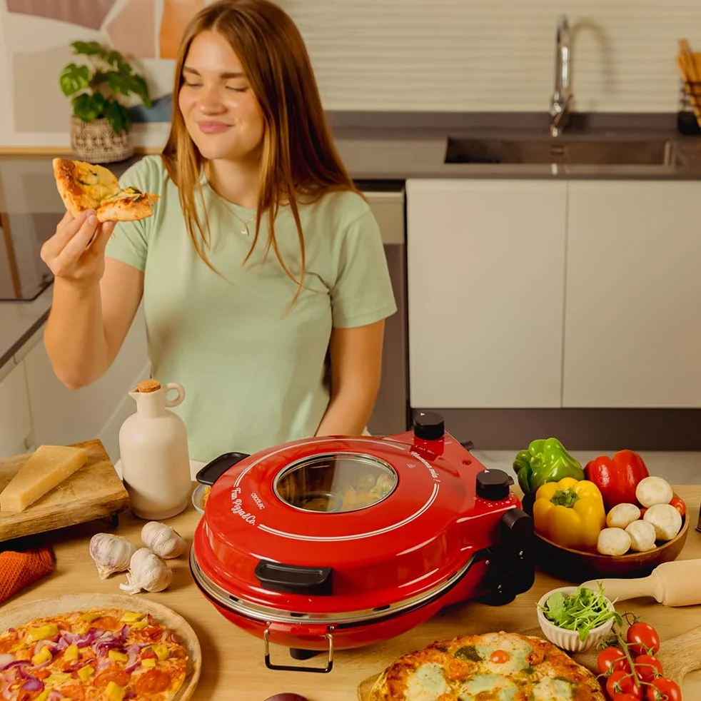 Cecotec Forno grill elettrico per pizza Fun Pizza&Co Mamma Mía Vista, 1200 W, Timer 15 min, Temperatura massima di 420ºC in 3 min, Finestra di visualizzazione, Piastra in pietra, Rosso
