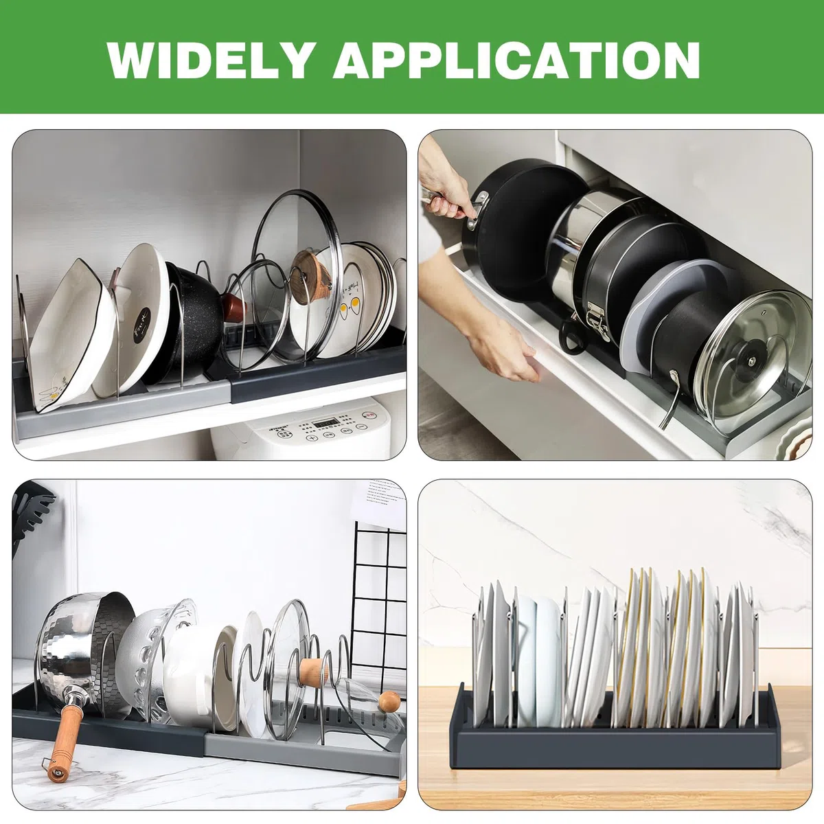 Porta Coperchi Pentole, Organizer Padelle, con 10 Scomparti Regolabili, Stendibile, Allungabile, Antiscivolo, ABS + Acciaio Inossidabile Spesso, per utensili da Cucina, Pentole, Coperchi