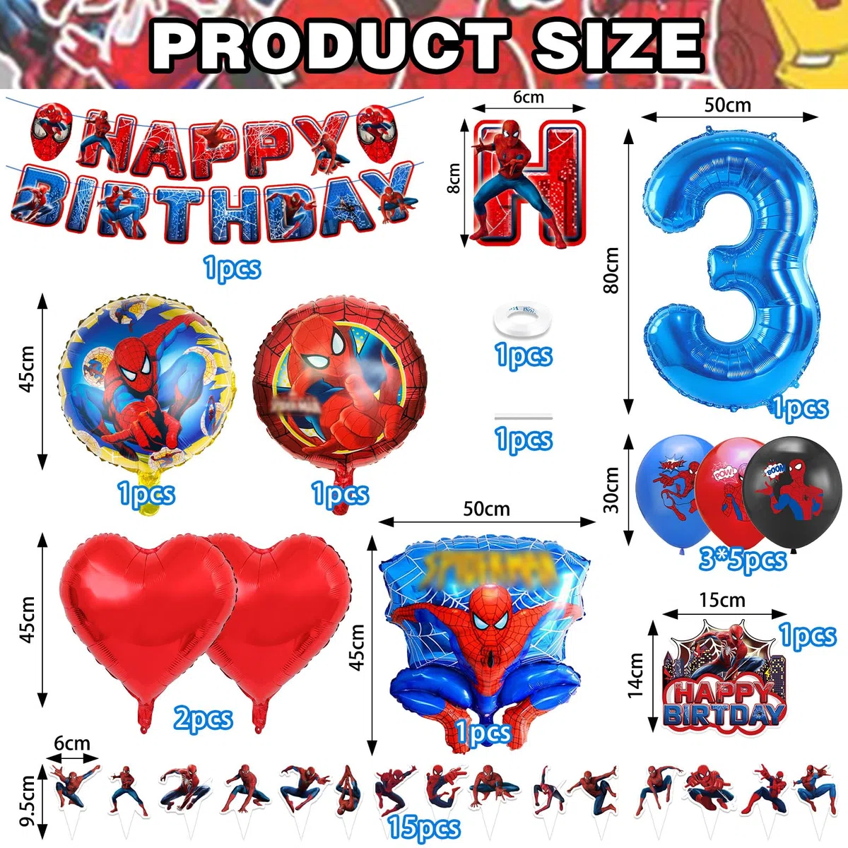 38 Pezzi Kit Compleanno Spiderm 3 Anni Ragazzi, Kit Palloncini Decorazioni, Palloncini Decorazioni per Festa di Compleanno Bambini
