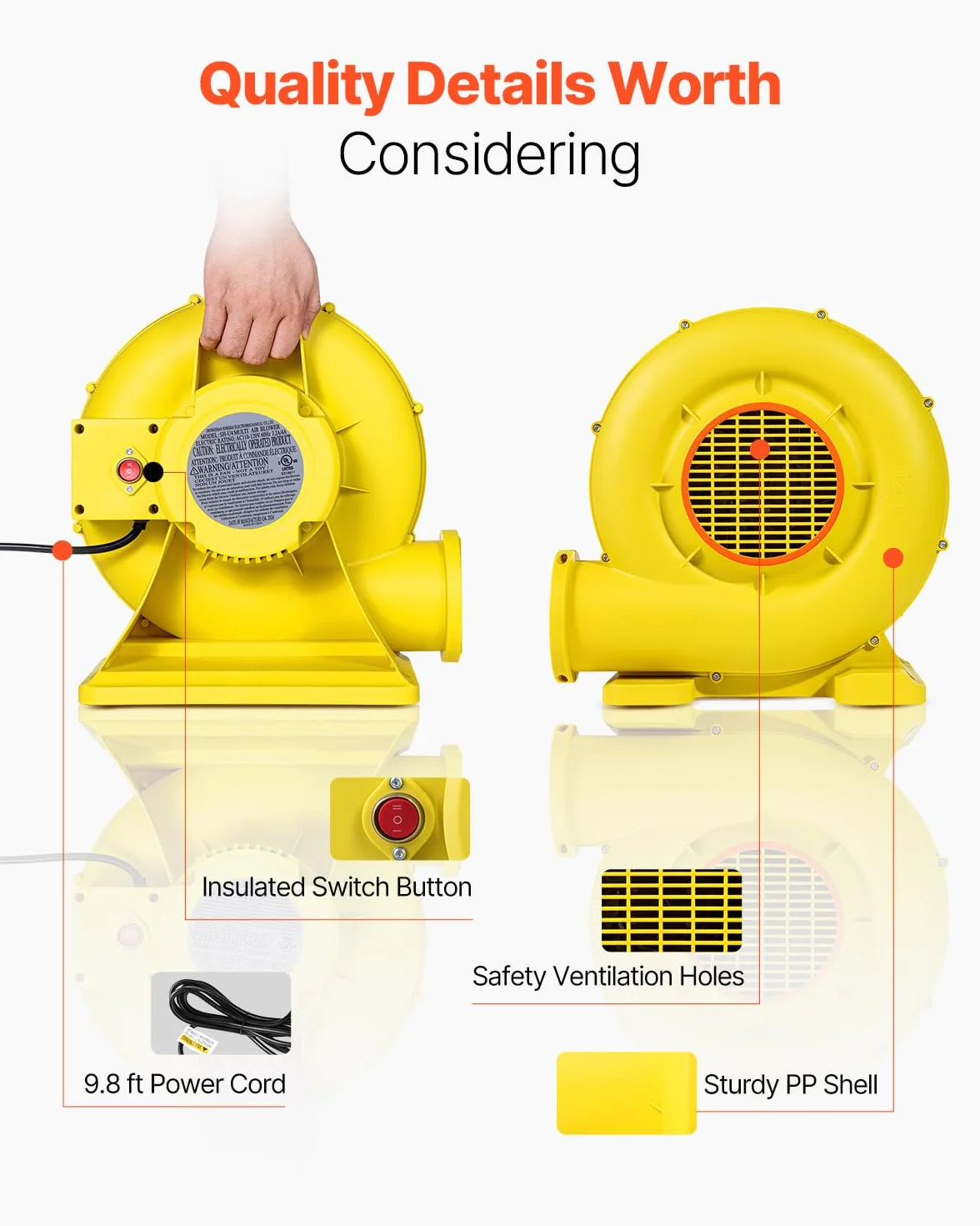 VEVOR Ventilatore Gonfiabile, 590/690 W, Ventilatore Commerciale 0,596/0,745 kW, 2750 Giri/min, Ventilatore Elettrico per Castello Gonfiabile, Casa Divano Gonfiabile, Scivoli d'Acqua, Giallo