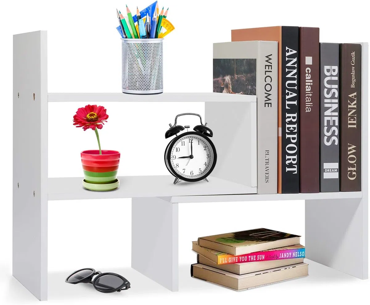 Mensola da scrivania in legno, piccola libreria, bianca, organizer da scrivania, regolabile, per ufficio, cucina (bianco)