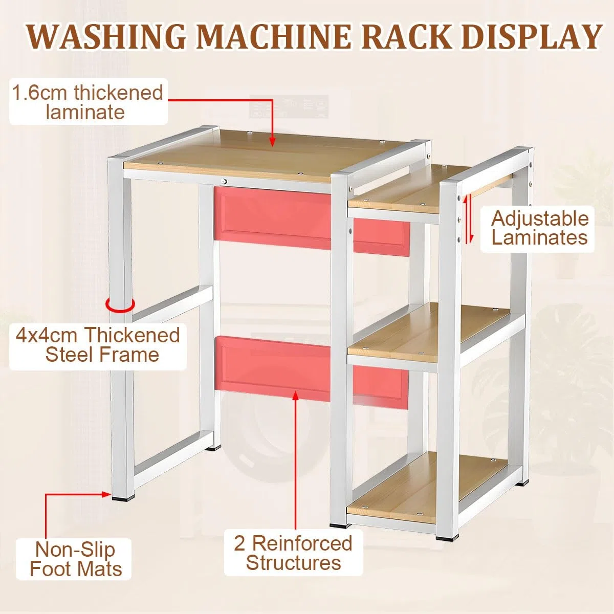 Scaffale Per Lavatrice E Asciugatrice Con Ripiani Laterali, Supporto Per Asciugatrice 3 Regolabile In Altezza, Capacità Portante 300kg Per Bagno, Lavanderia(White)
