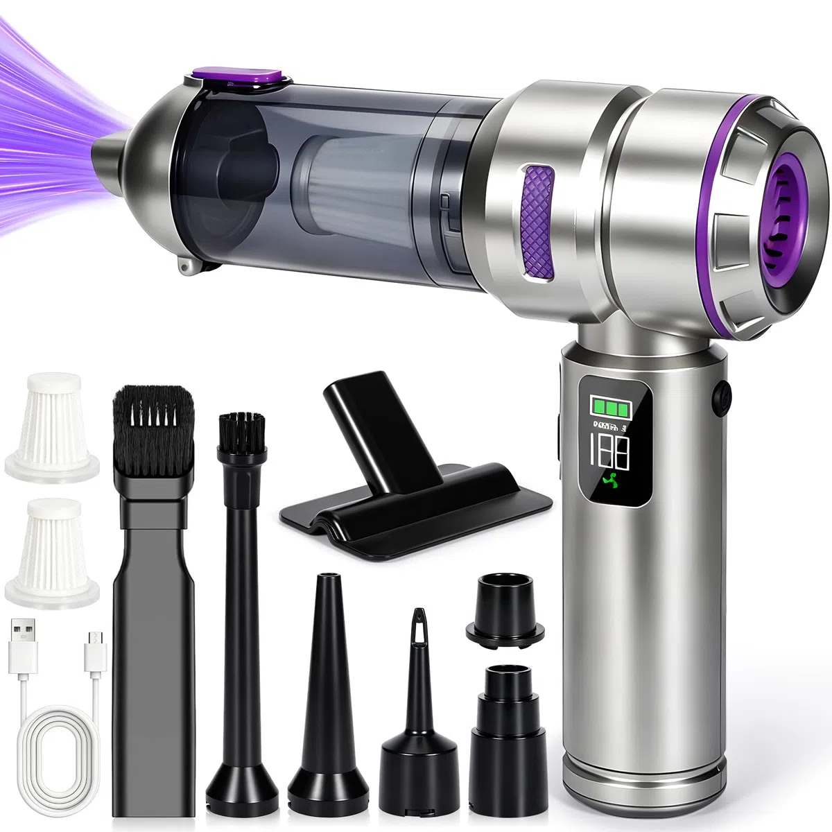 Aspirabriciole Senza Fili, 24000Pa 4-in-1 Aspirapolvere Auto Cordless con Schermo, Aspiratore e Soffiatore con Motore Brushless, per la cucina, l’automobile, la casa, i peli di animali