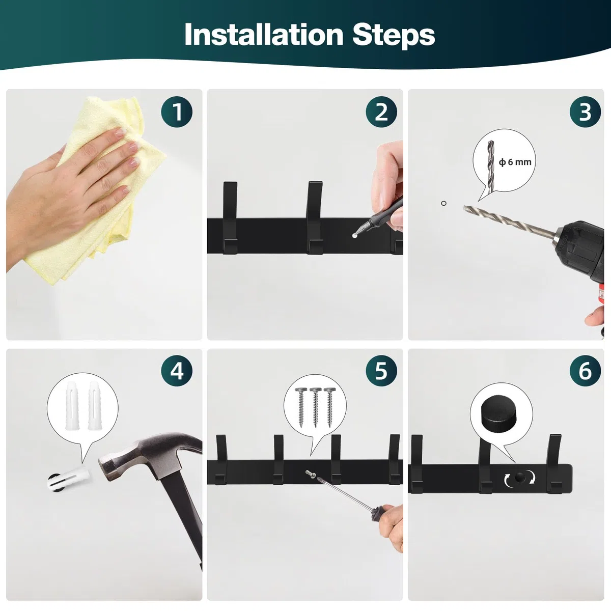 AUXHCYL Appendiabiti da Parete Moderno, 2 Pezzi Attaccapanni da Muro, Appendiabiti da Muro per Camera da Letto Bagno e Cucina, Appendi Abiti per Muro per Giacche, Cappotti(Nero, 6 Ganci)