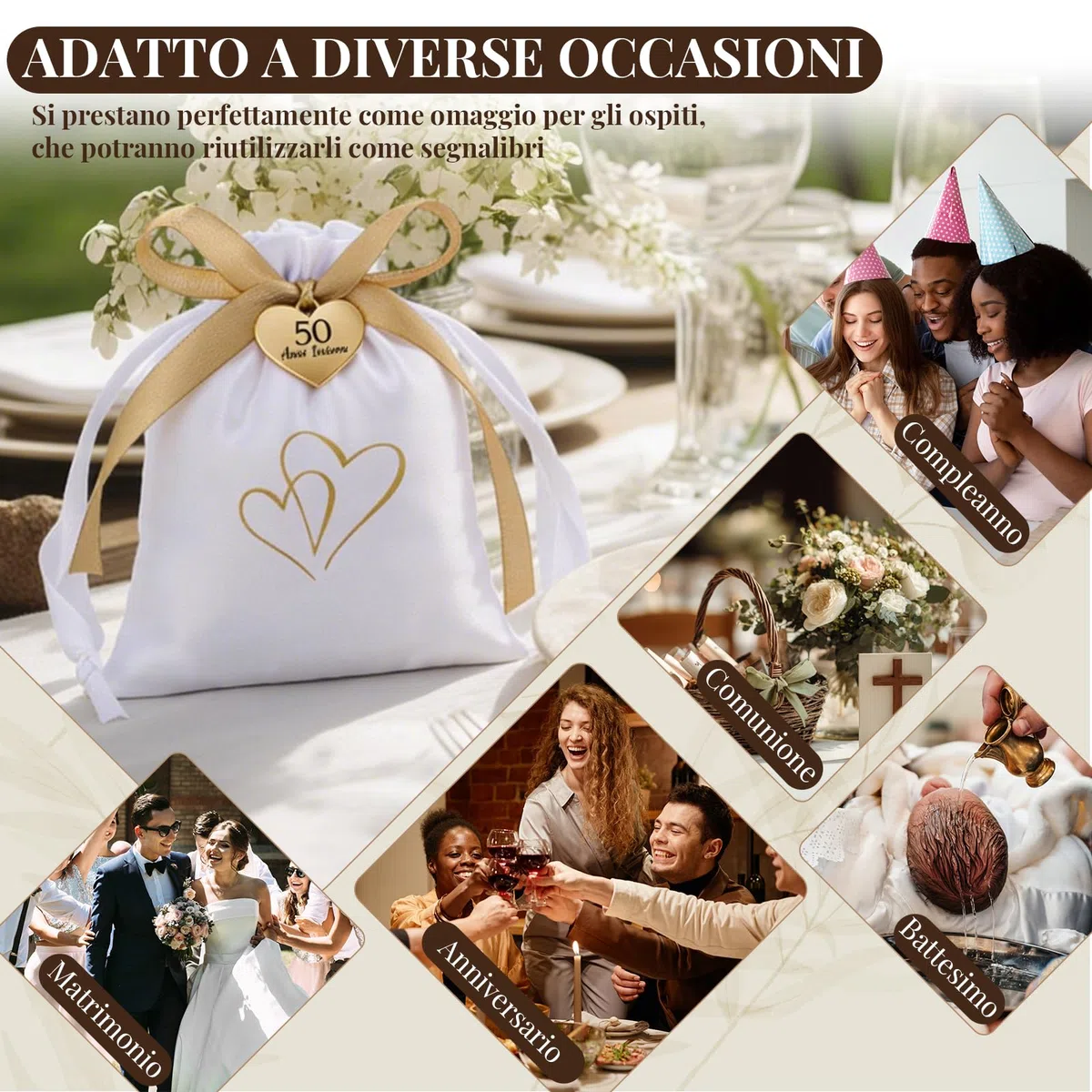 Otuuz 25 Set Bomboniere Matrimonio Sacchetti Bomboniere Sacchetti Regalo in Raso con Coulisse 50 Anni Insieme Ciondolo a Forma di Cuore in Oro e Nastro Regali per l'Anniversario Festa di Nozze