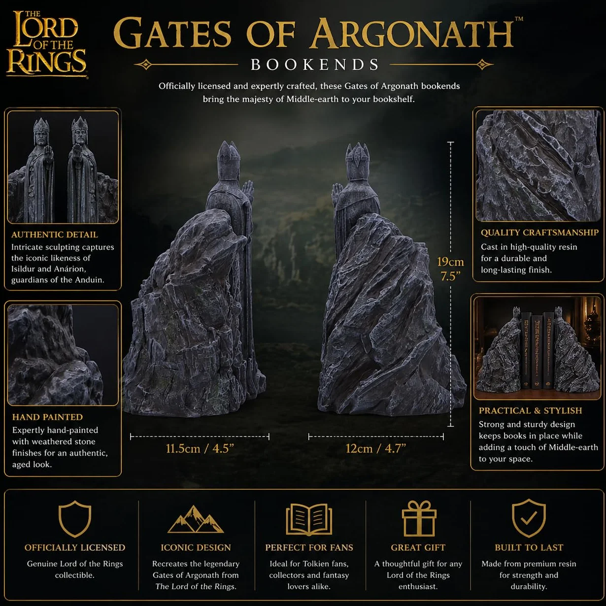 Nemesis Now Lord of the Rings - Fermalibri Gates of Argonath, in resina, grigio, con licenza ufficiale, Il Signore degli Anelli, pezzo espositivo del Signore degli Anelli, realizzato in resina di alta
