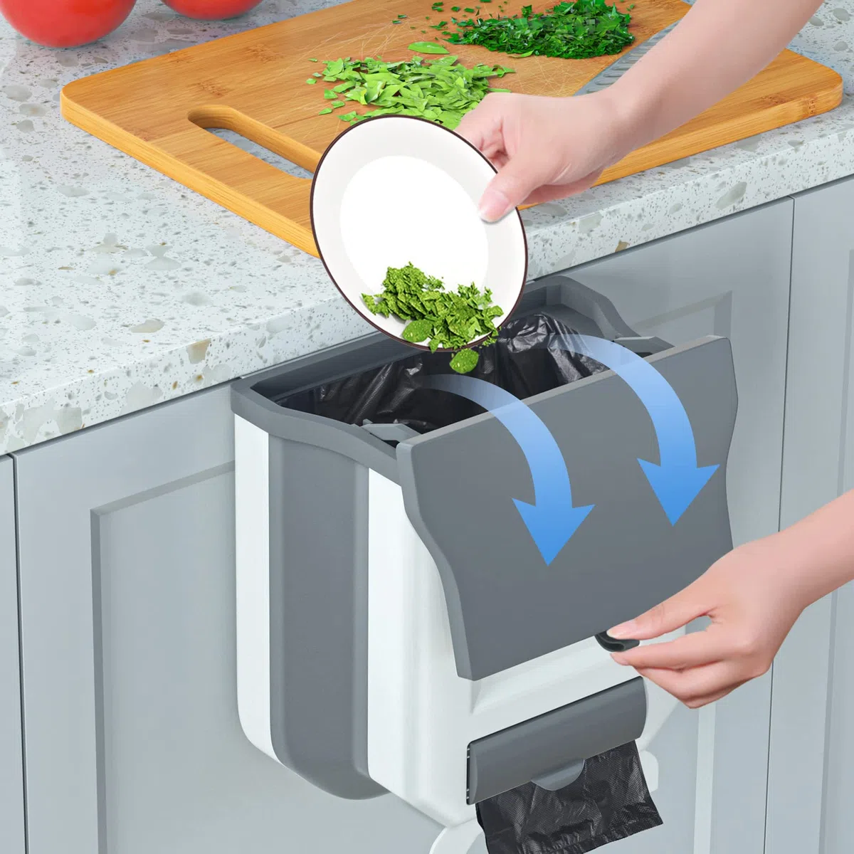Gintan - Pattumiera pieghevole sospesa con coperchio, circa 9 l di capacità, per cucina, campeggio, auto, bagno, ufficio, camera da letto (grigio)