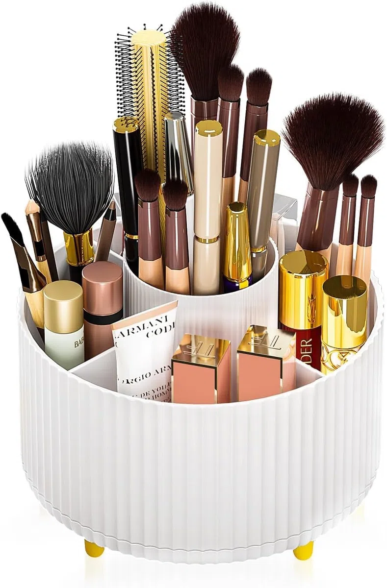 Miiepls Porta Trucchi Organizer,Organizzatore di Trucco Girevole a 360°,Organizzatore Organizer 5 Griglie, Trucchi Multifunzione per toeletta bagno camera da letto - Bianco