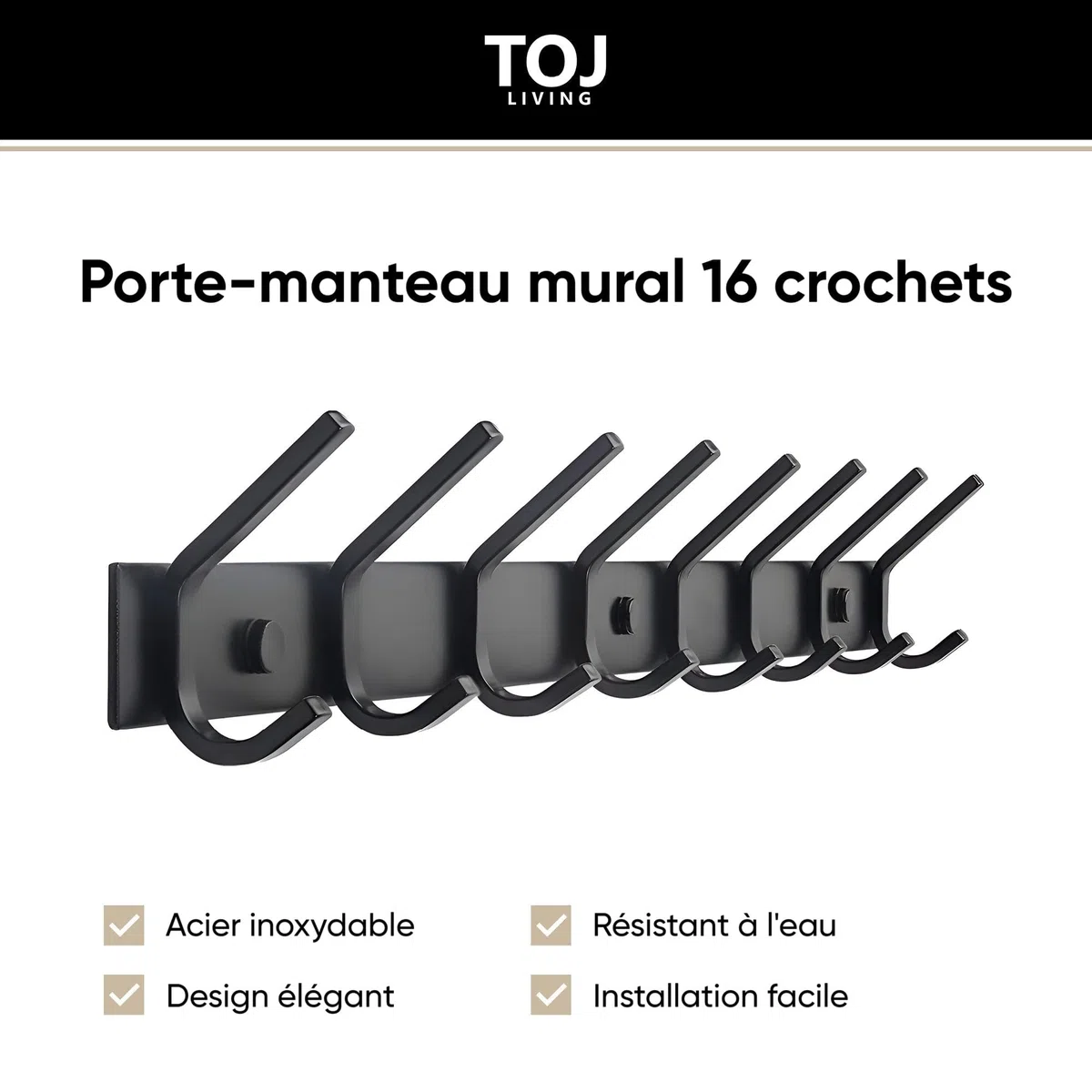 TOJ Appendiabiti da parete con 16 ganci - Appendiabiti da parete - Cornice appendiabiti in acciaio inox - 62 cm - Nero opaco