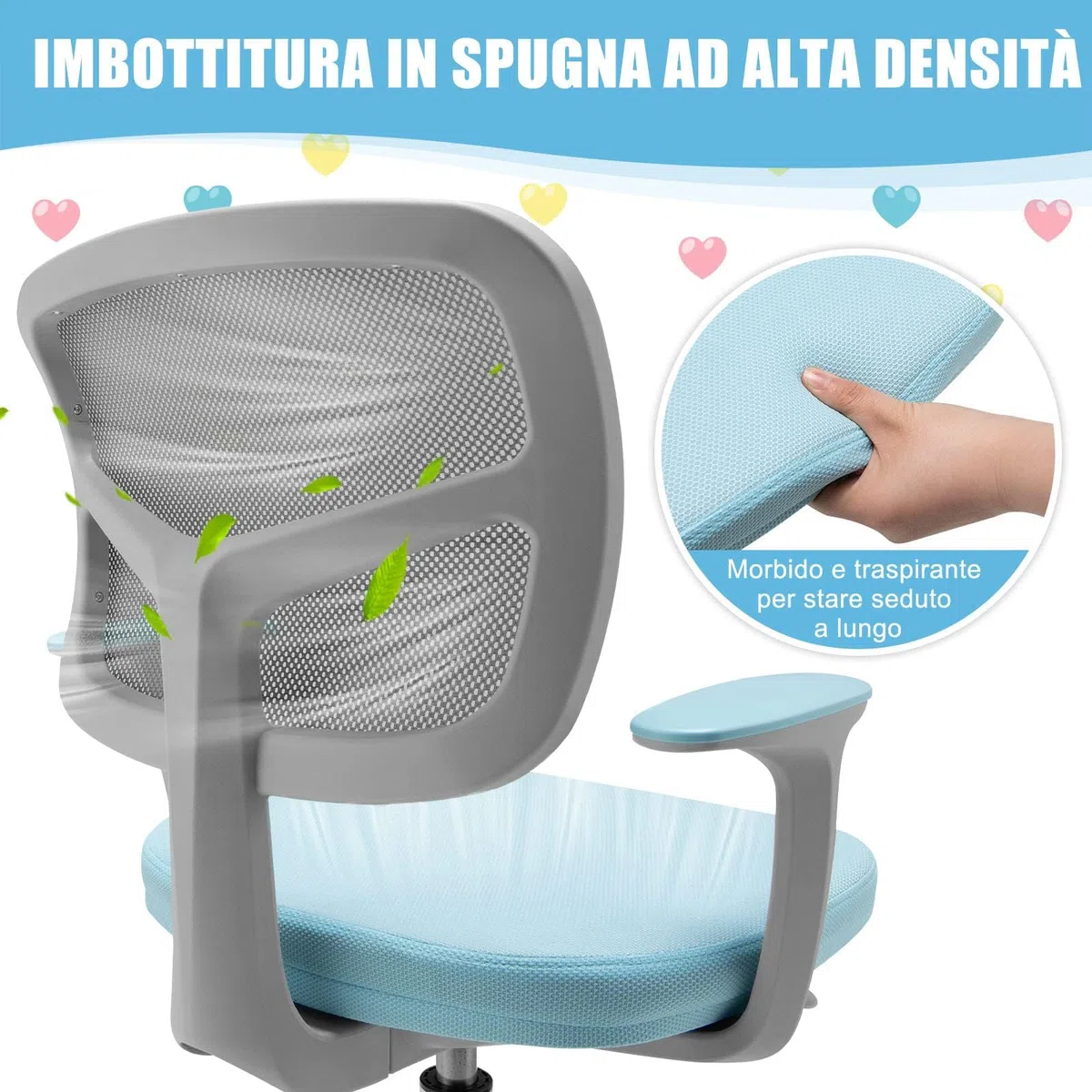 GYMAX Sedia da Scrivania per Bambini, Carico 150 kg, Sedia Ergonomica, Altezza Regolabile, Girevole a 360° (BLU)