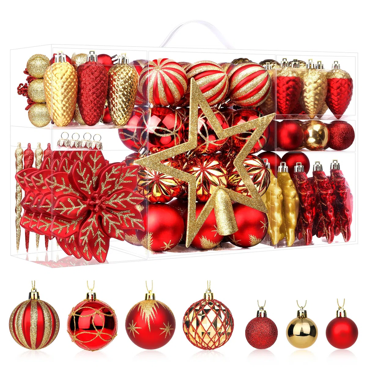 SHareconn 2025 Nuovo set di ornamenti di 106pcs Baubles di Natale, Baubles decorativi di plastica infrangibile per decorazioni dell'albero di Natale, Rosso rubino E Oro