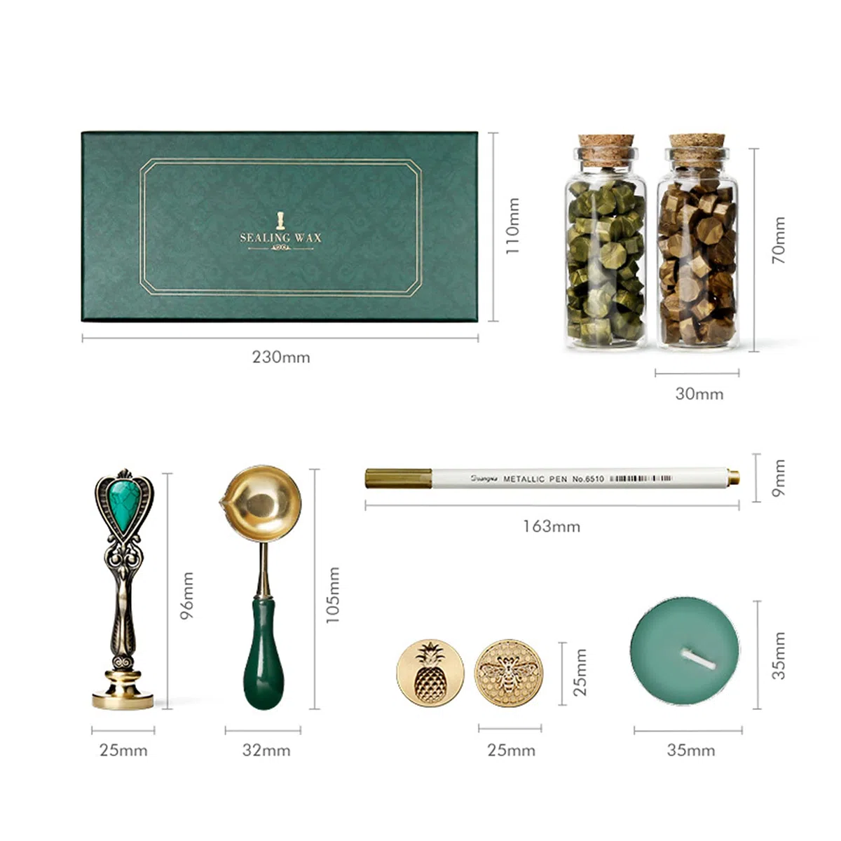 Joyeee - Set di timbri per cera con confezione regalo, con sigillo di cera con candele, cucchiaio per fusione, timbro classico e penna a colori metallizzati per matrimoni, biglietti, inviti #49