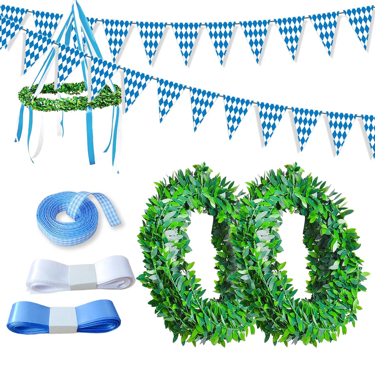 Decorazione fai da te per Oktoberfest fai da te, ghirlanda decorativa bavarese, albero di maggio con Oktoberfest, per feste di birra, giardino di casa, bar, blu/bianco