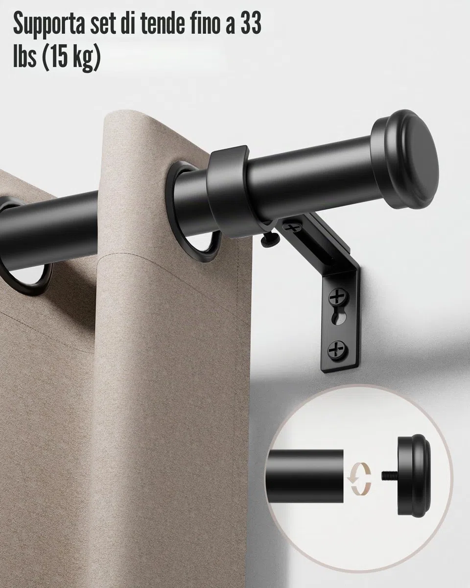 Bastone Tende 80–183 cm, Asta Estensibile Ø25 mm, Bastoni per Tende con Staffe per Finestre di Camera da Letto e Soggiorno, Nero Opaco