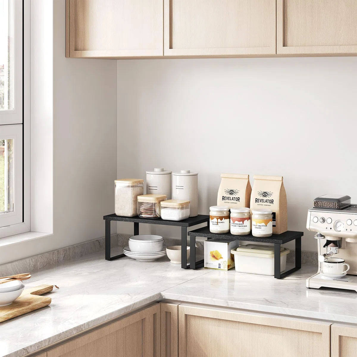 WOLTU Set di 2 Scaffali da Cucina, Porta Spezie Impilabili, Organizer da Cucina in MDF, Scaffali Indipendenti per Armadietti, 34x19,5x15,5+34x18,5x12,5 cm, Nero
