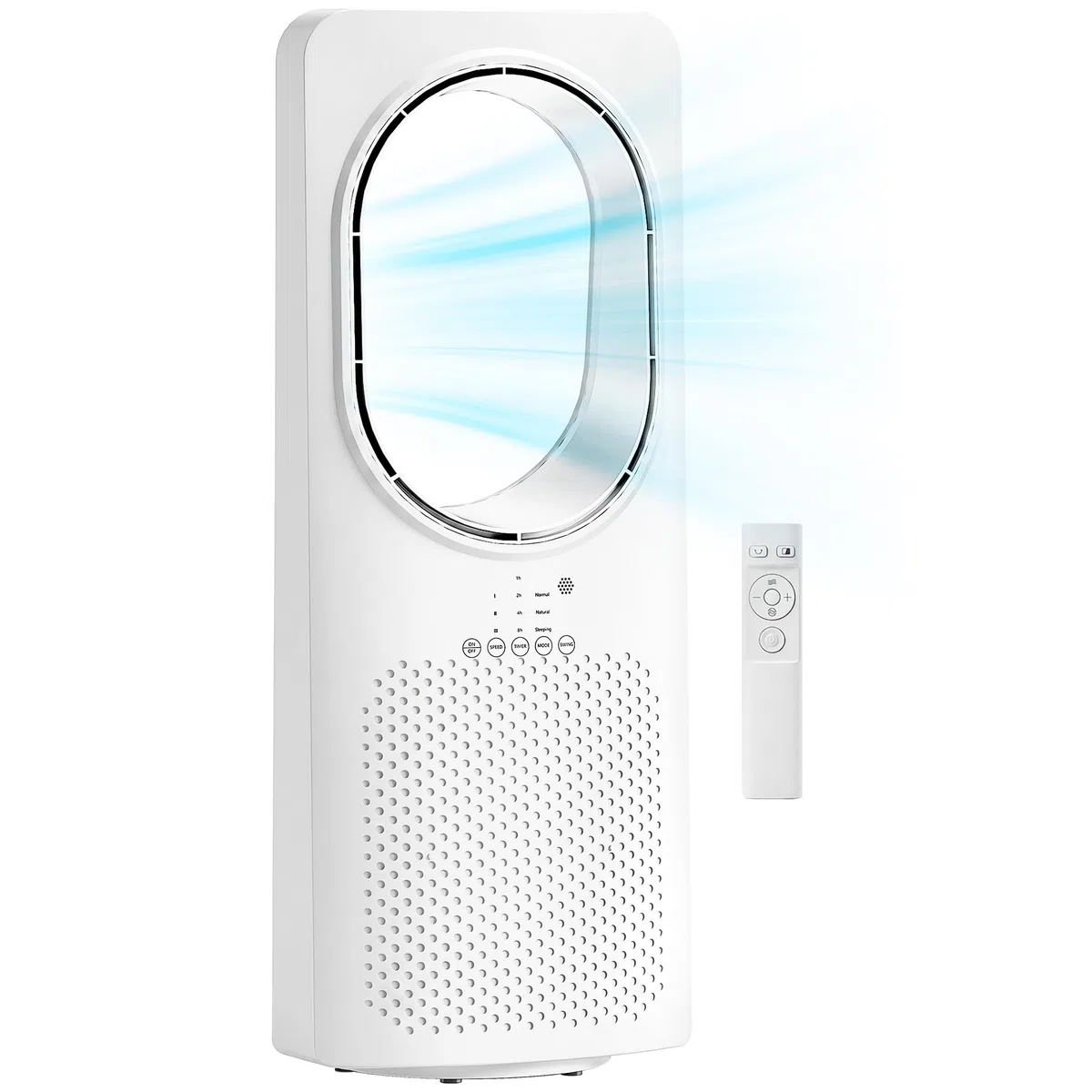 HOMCOM Ventilatore a Torre Senza Pale per Camera da Letto, Silenzioso 36dB, con Oscillazione a 45°, Luci LED, 3 Velocità, 3 Modalità, Timer 15 Ore, Telecomando, Bianco