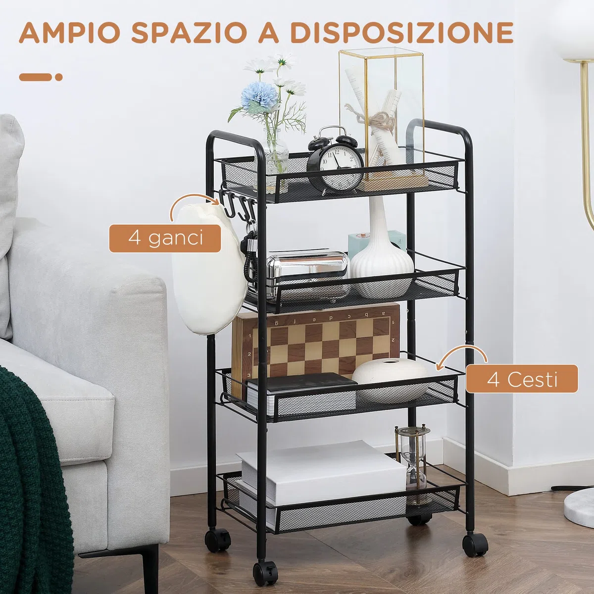 HOMCOM Carrello da Cucina Salvaspazio a 4 Livelli con Cestini a Rete, Carrello Portaoggetti per Salotto e Camera in Acciaio, 45x26.5x84 cm, Nero