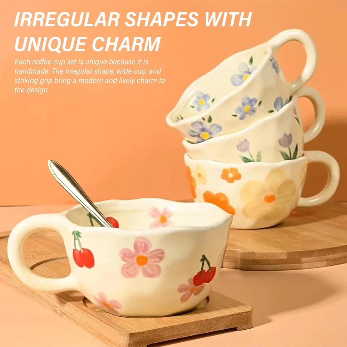 PORFOYO Set di 4 tazze in ceramica: 4 pezzi di tazza da tè in ceramica fatta a mano con fiore, tazza da caffè creativa estetica regalo di latte, tazze irregolari per la casa e l'ufficio (stampato)