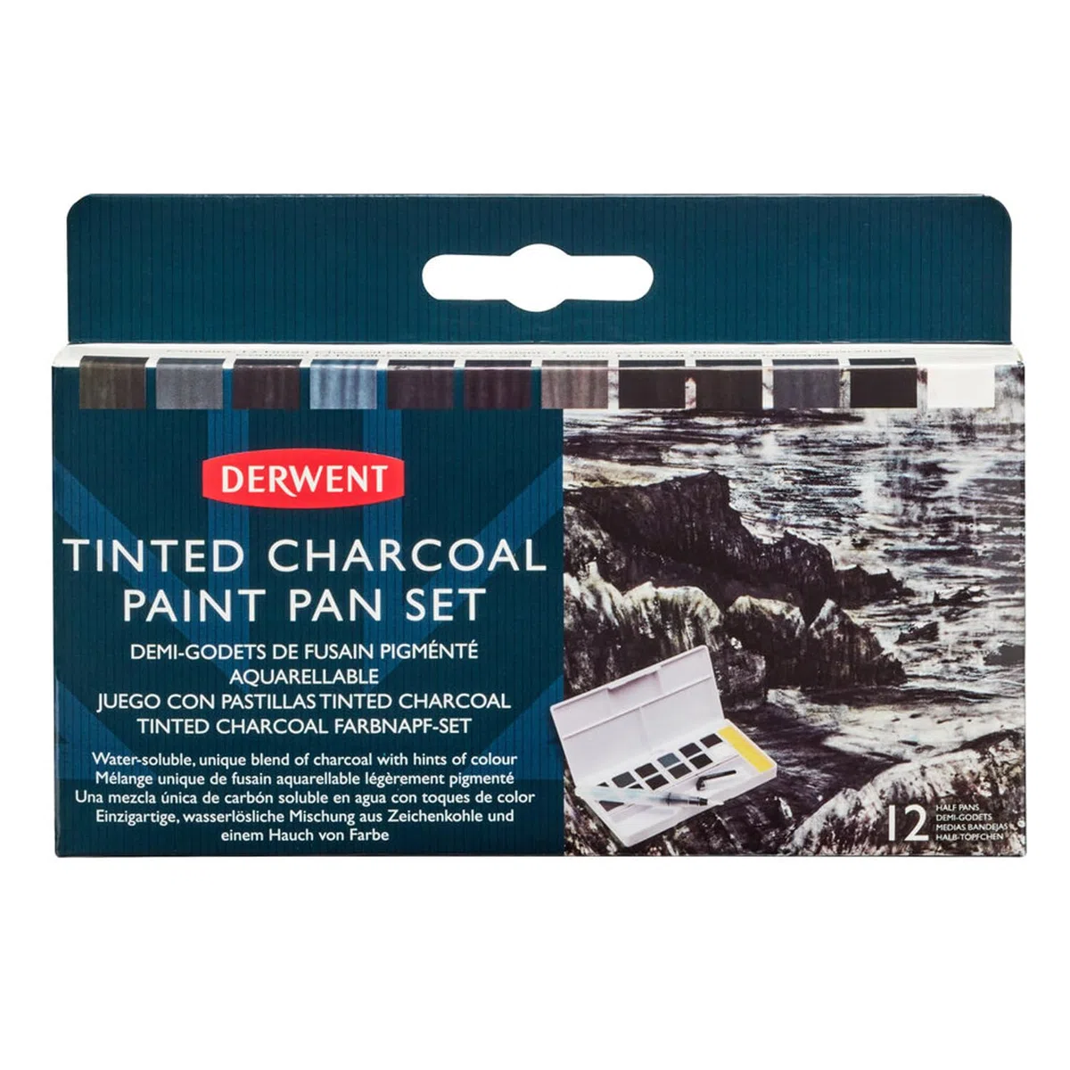 Derwent Tinted Charcoal Set di 12 Colori a Carboncino Acquarellabili e Sfumabili, Include 1 x Astuccio Portatile, 5 x Tavolozze, 1 x Mini Waterbrush ed 1 x Spugna per la Pulizia