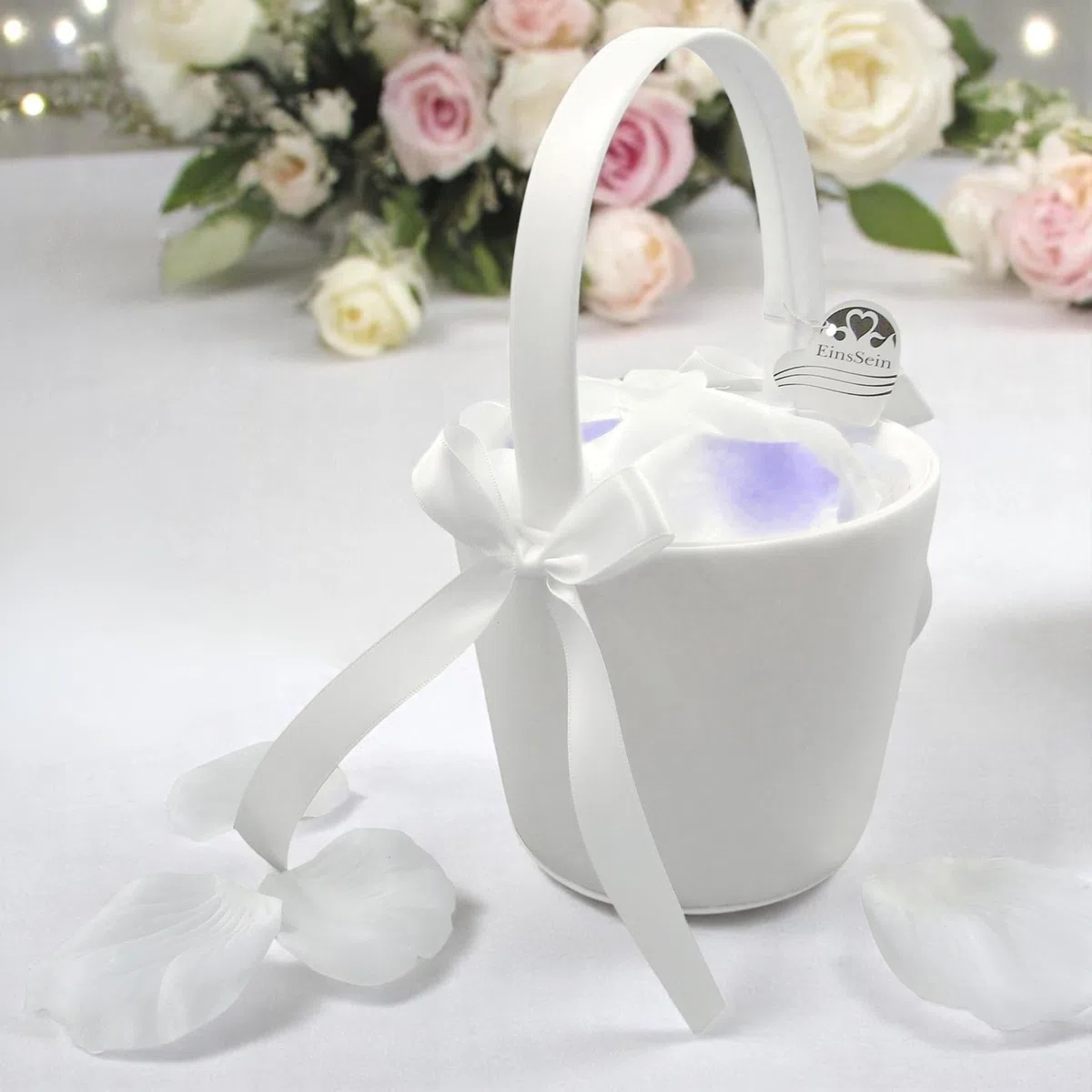 EinsSein Set 2 Cestini Matrimonio Anna Crema 17x26x13 cm | Cesti in Vimini con Manico e Raso | Porta Petali Fiori Confetti | Damigella Sposa Bambina Cuore Decorativo Elegante
