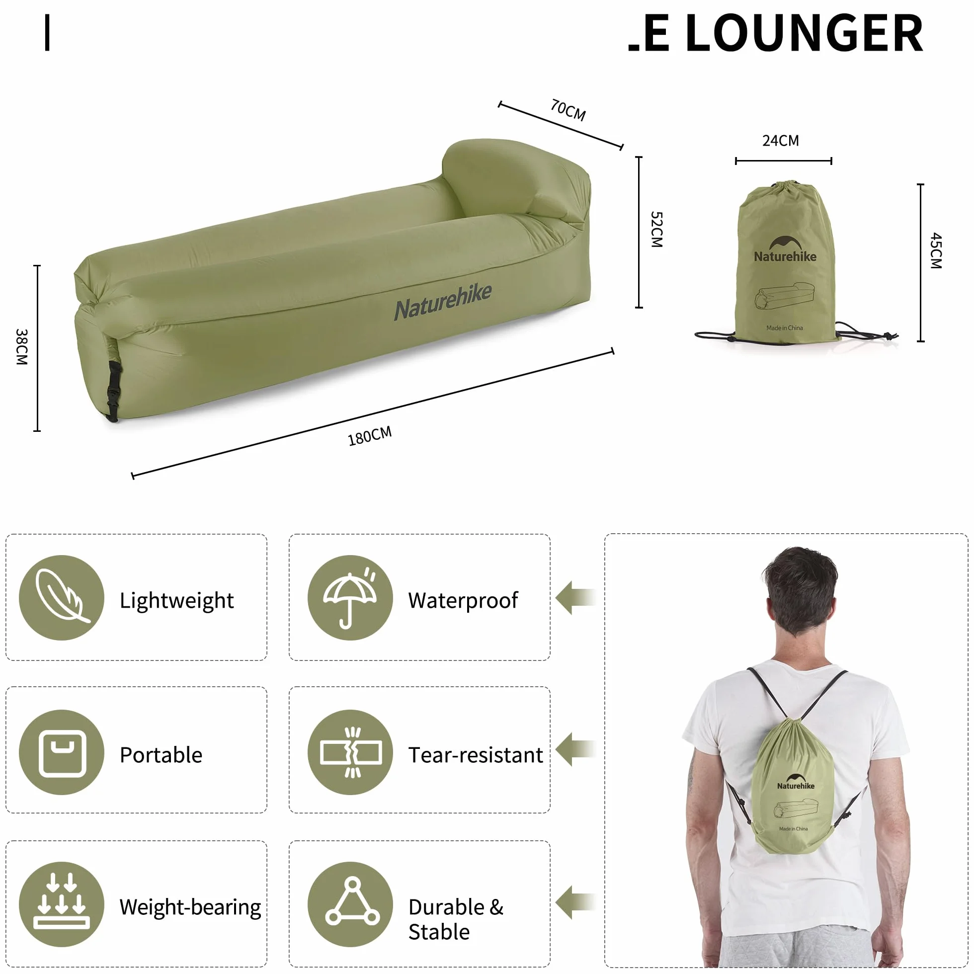 Naturehike Air Lounger - Divano ad aria impermeabile con pacchetto portatile, per viaggi, campeggio, piscina e feste in spiaggia (verde avocado)