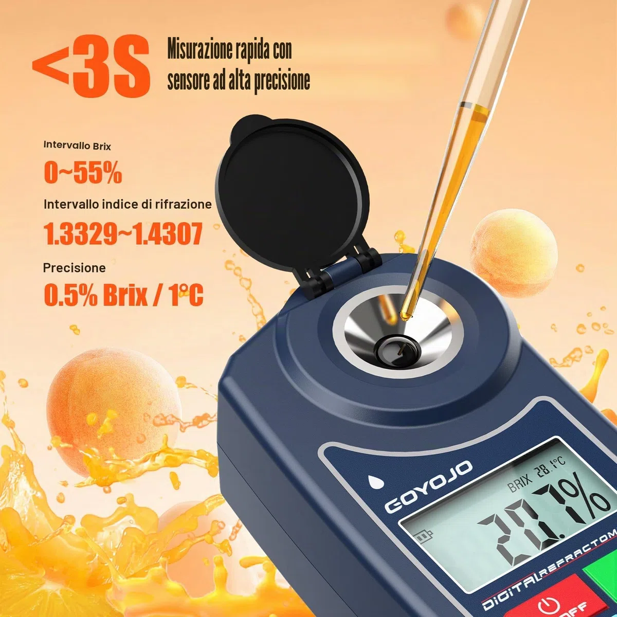 Rifrattometro Digitale Brix con Compensazione Automatica della Temperatura, per Campioni d'Acqua, Alimenti, Frutta, Bevande e Contenuto Zuccherino delle Colture (0,0-55,0% Brix)